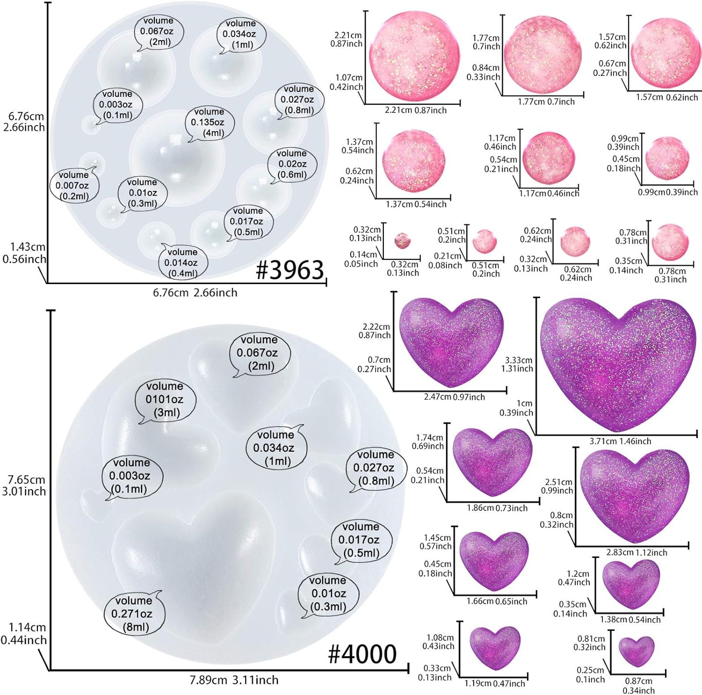 Cabochon Gemstone Epoxy Resin Casting Silicone Molds Include Heart, Dome Shapes for Fondant Cake Decoration, Polymer Clay Craft, Jewelry Making - 2 in Set