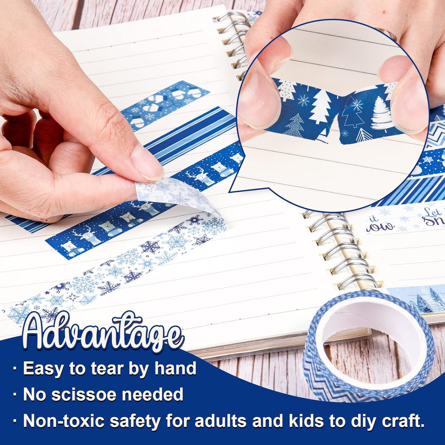 Whaline 12 Rolls Winter Washi Tape Blue White Snowflake Snowman Holiday Masking Tape Xmas Tree Reindeer Assorted Pattern Washi Tape for Scrapbook Journal DIY Craft Gift Wrapping Party Decor