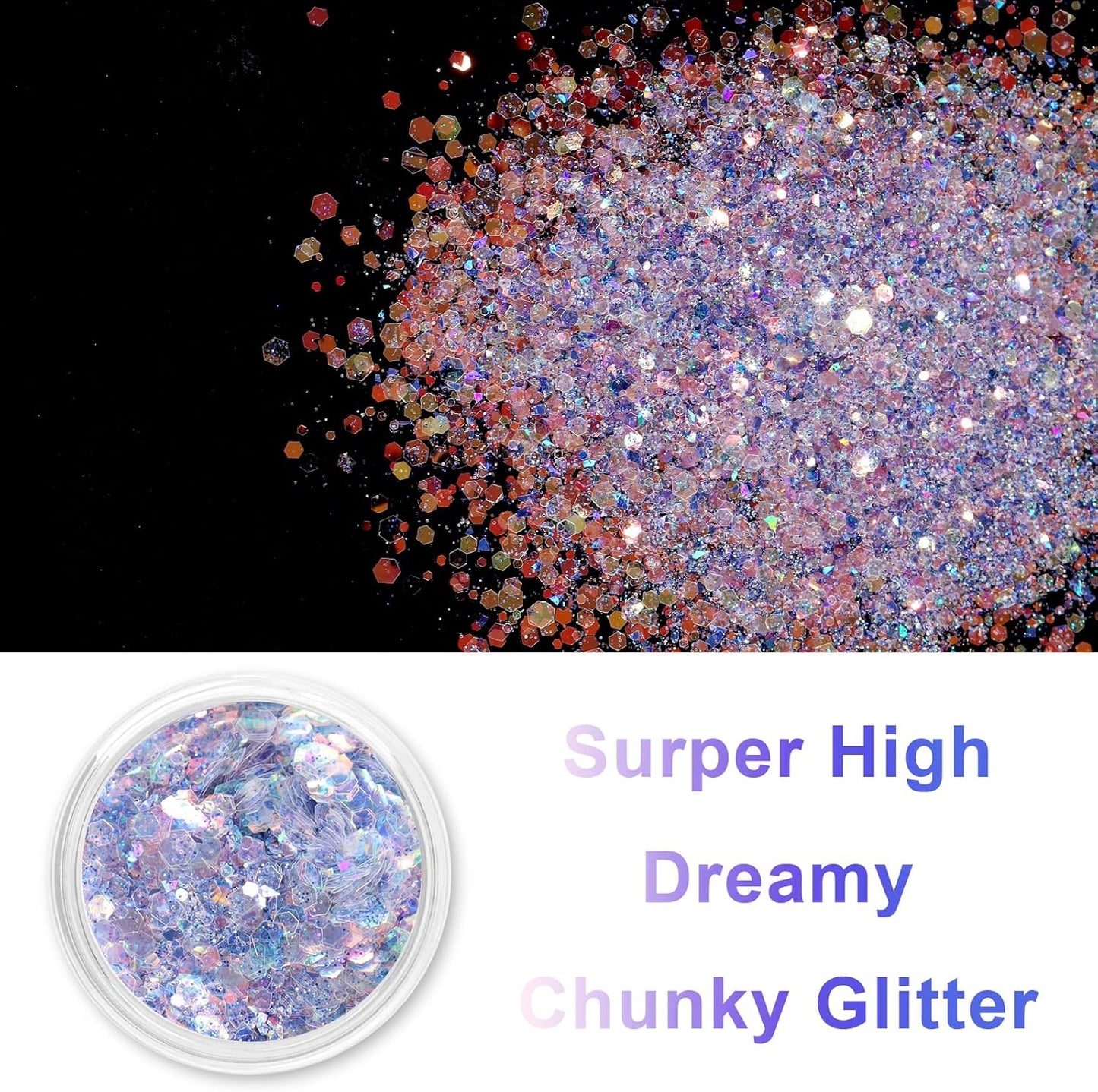 Renfio Opal Chunky Glitter, 1.75oz/50g Purple Glitter, Dreamy High Sparkle Glitter for Crafts Holographic Fine Glitter Mix Iridescent Glitters Flake for Resin Nails Art Hair DIY Snow - Elegant Lilac