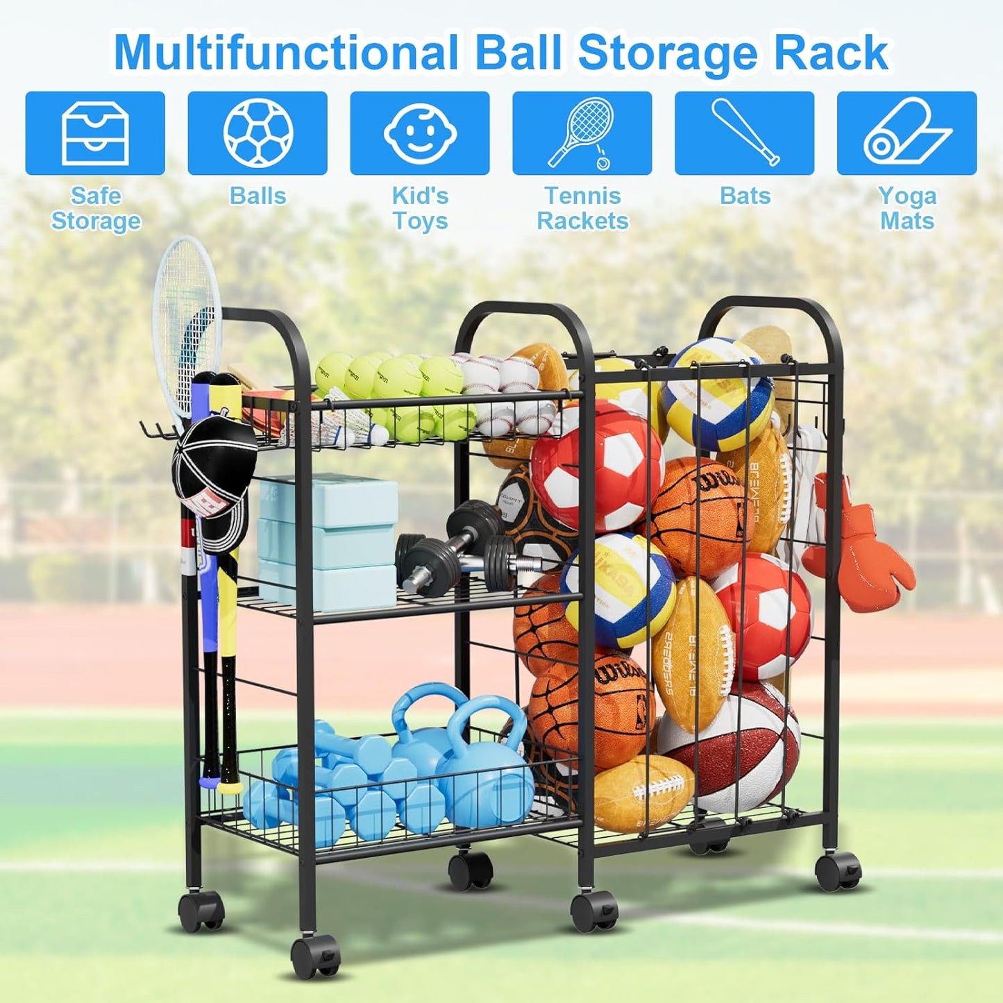 Ball Storage Rack, Sports Ball Storage Cart with 6 Wheels, Elastic Strap, Removable Basket, Hooks, Sports Equipment Organizer For Garage, Children's Room, Court, School, Small Gym, Outdoor
