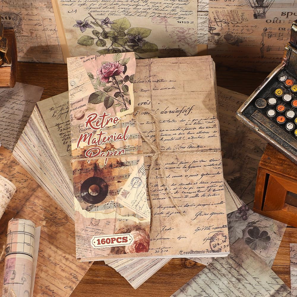 icceemee 160 Sheets of Retro Manuscript Scrapbook Paper, journaling Scrapbook Supplies Craft Collage Paper Set, Junk Journal Bullet Journal Poster Room Decor for Card Making Decorative Gifts