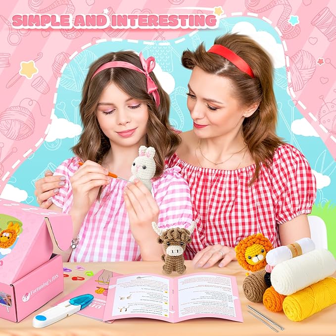 Fortuning's JDS Crochet Kit for Beginners, Amigurumi Crochet Animal Kits, Crocheting Kit for Starters Adult Kids with Step-by-Step Video Tutorials, Animal Kits with Highland Cow, Lion, Bunny