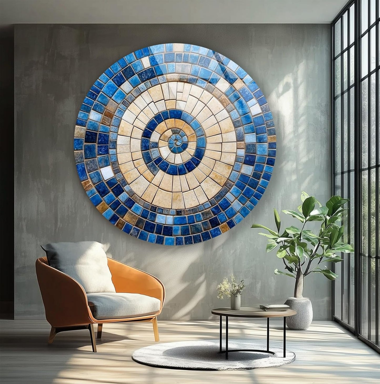 My Photostation.com 27.5''(70cm) Diameter Coastal Sunburst Beige & Blue Round Glass Wall Art Tempered Glass Printing Wall Decor Large Wall Art Wall Hangings