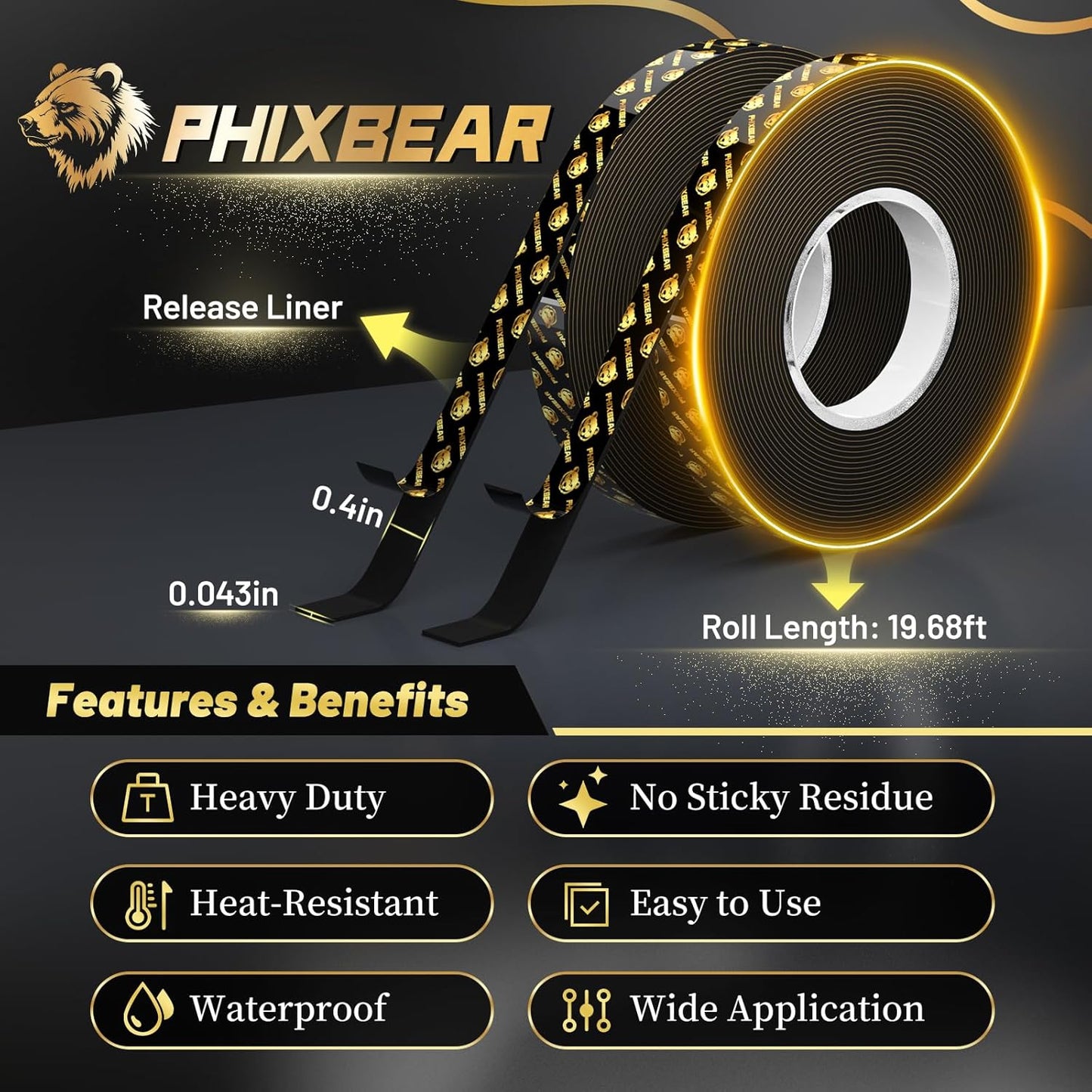 High Temp Resistant Heavy Duty Double Sided Tape Pro+ - Super Strong, Removable No Residue, Weatherproof - for Home, Outdoor, Automotive Use - 0.4" x 19.7 ft