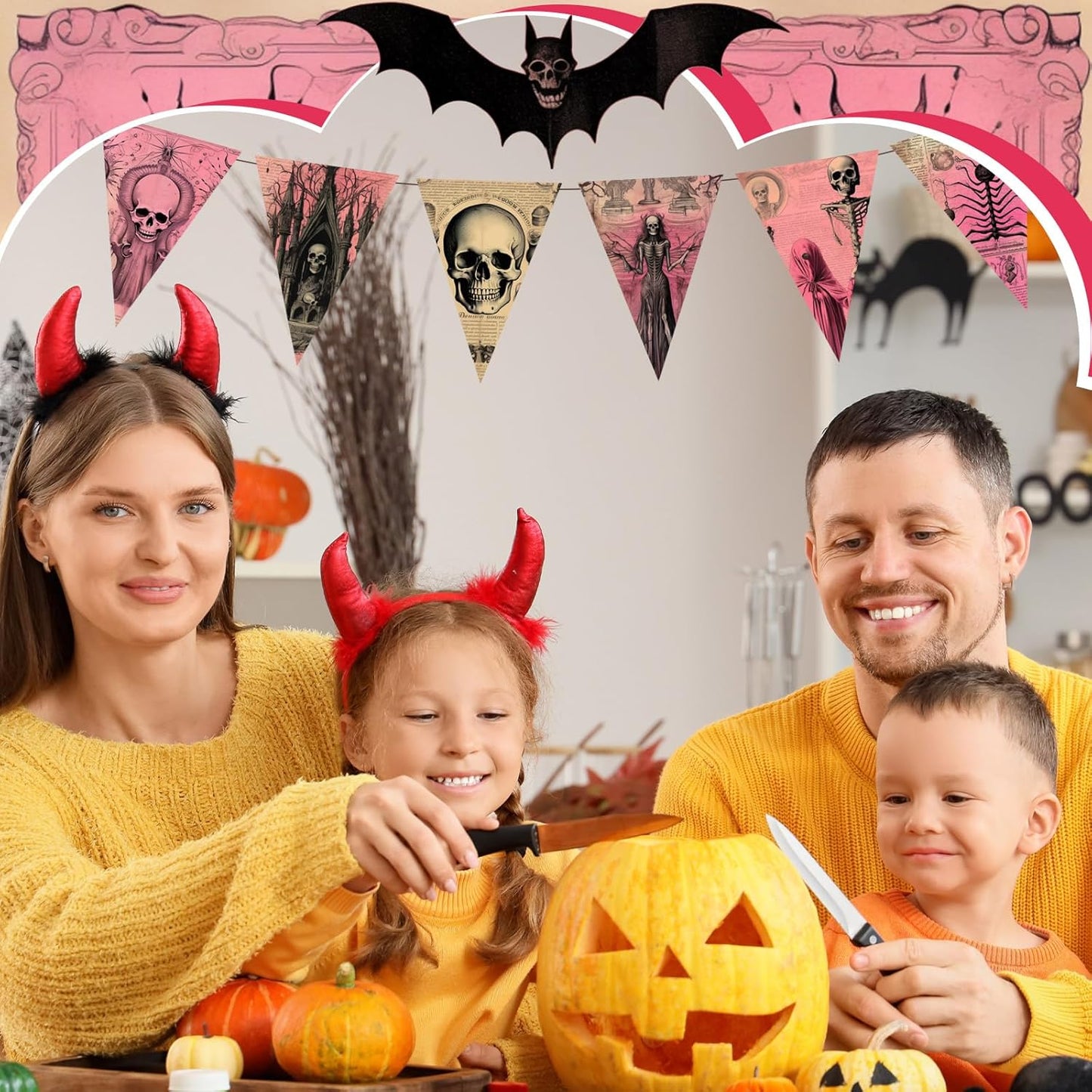 Ganeen 60 Pcs 10 x 10 Inch Pink Halloween Quilting Fabric Squares Vintage Pink Ghost Fat Patchwork Precut Strips Retro Bat Skull Fabric Bundles for Holiday DIY Craft Sewing Quilt Material Handmade