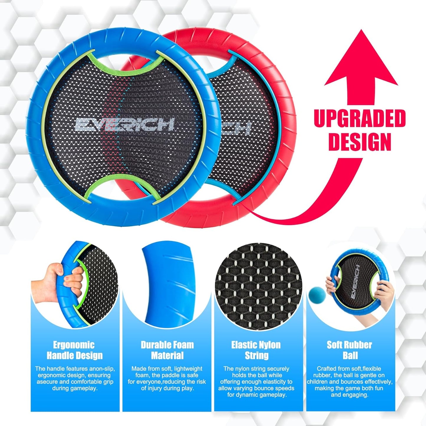 EVERICH TOY Trampoline Paddle Ball Set with 2 Bouncy Paddles & 4 Balls - Soft Foam Design for Kids Play Indoor Outdoor Beach Backyard Lawn - Great Gift Idea for Boys & Girls (Blue & Red)