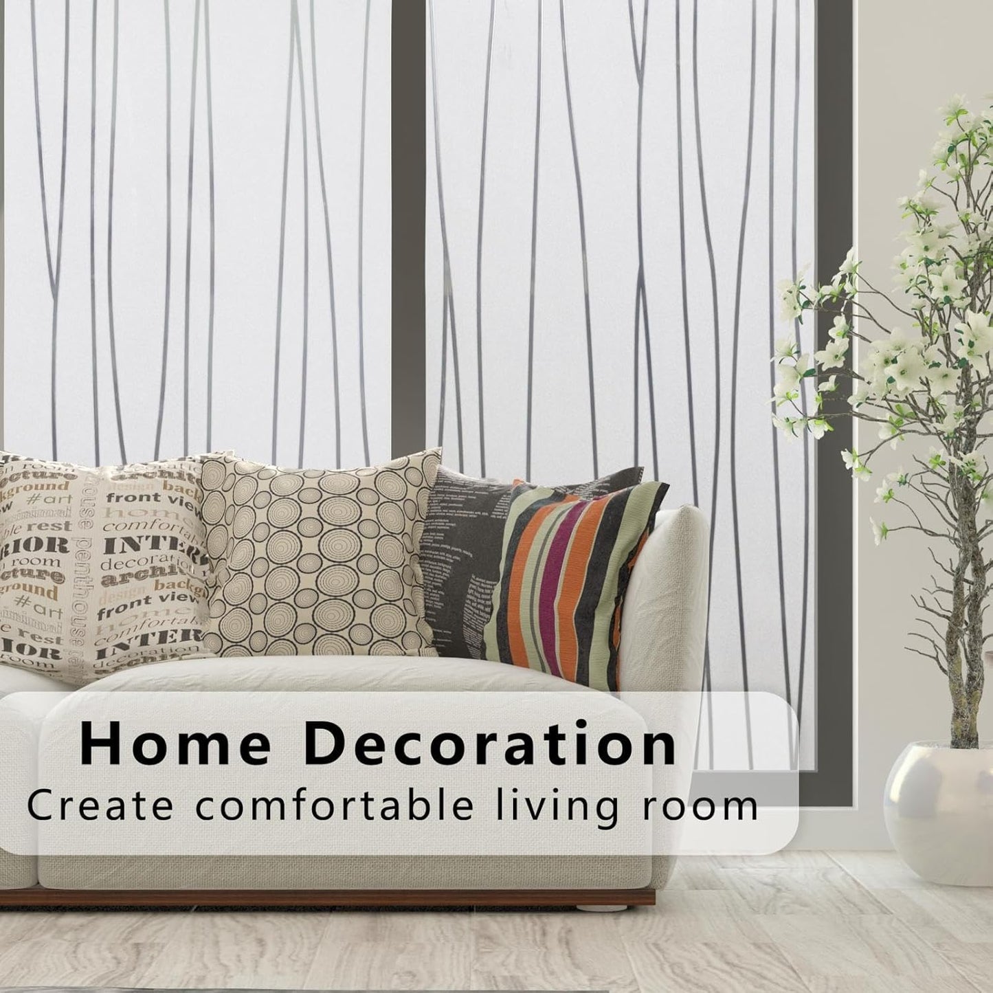 Finnez Window Privacy Film Decorative Frosted Window Cling Privacy Film for Glass, Non-Adhesive Heat Anti-UV for Home Office Living Room, Irregular Stripe Patterns, 17.5 x 118.1 Inches