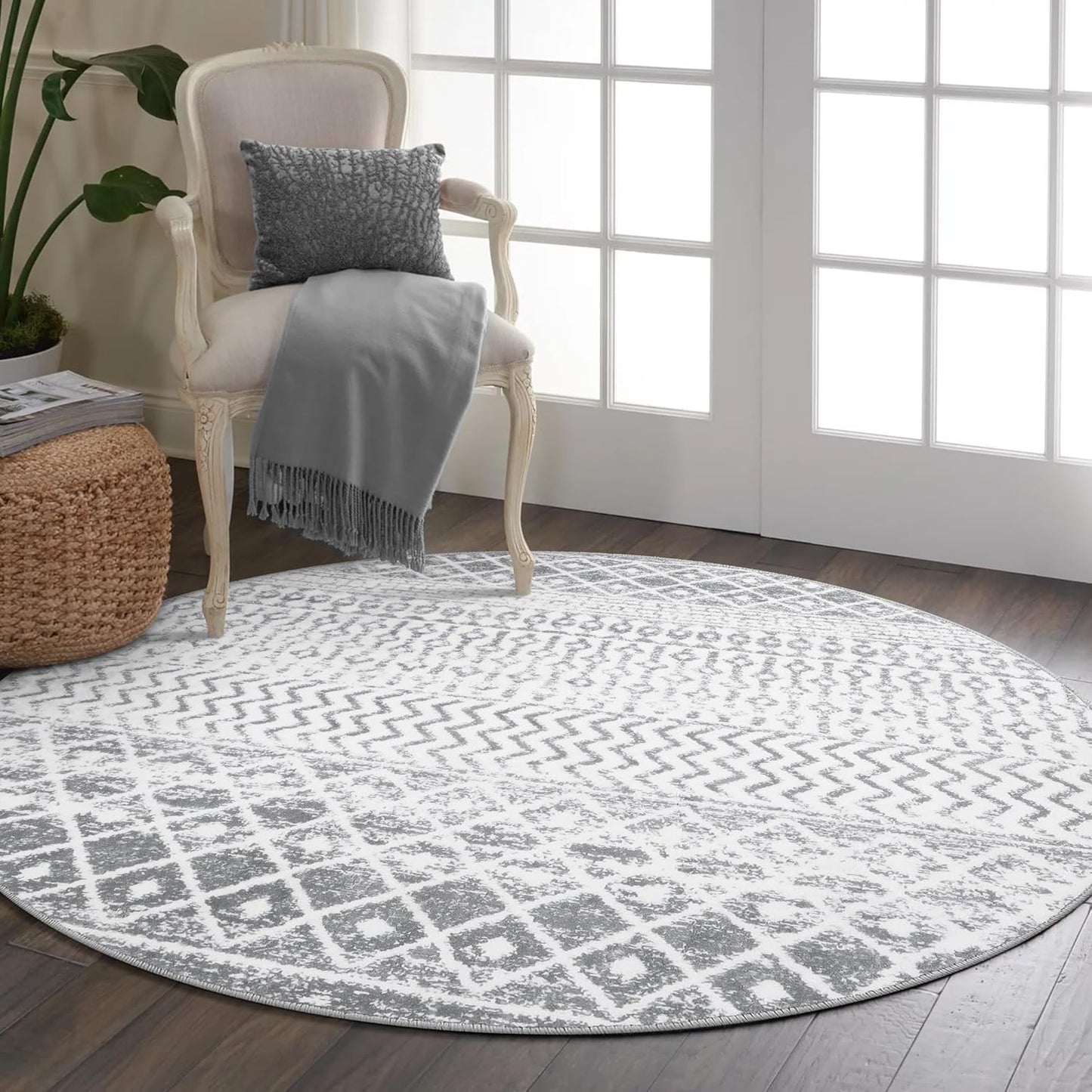 Moroccan Washable Round Rug, 4ft Grey Circle Rug Non Slip with Rubber Backing, Soft Non-Shedding Neutral Area Rug Indoor Floor Carpet for Bedroom Living Room Dining Room