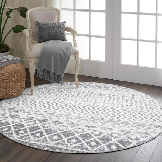 Moroccan Washable Round Rug, 4ft Grey Circle Rug Non Slip with Rubber Backing, Soft Non-Shedding Neutral Area Rug Indoor Floor Carpet for Bedroom Living Room Dining Room