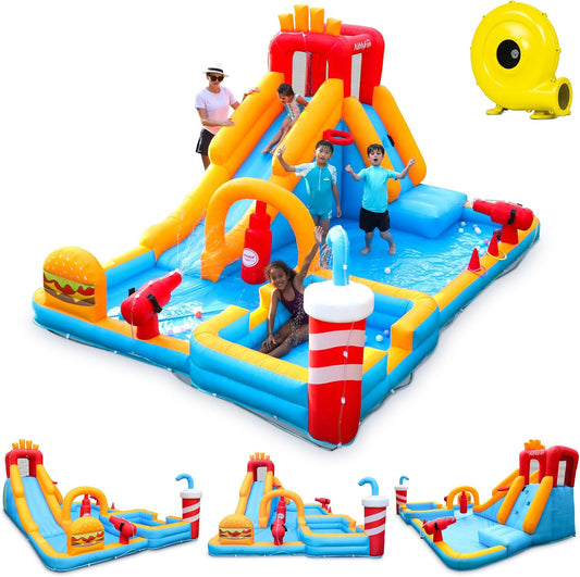 AirMyFun Inflatable Water Park, Water Slides for Kids Backyard, Bounce House for Kids 3-8 Outdoor| Paddling Pool - Boxing Ring, Climbing Wall - Spacious Splash Zone - Includes Patch Kit & Blower