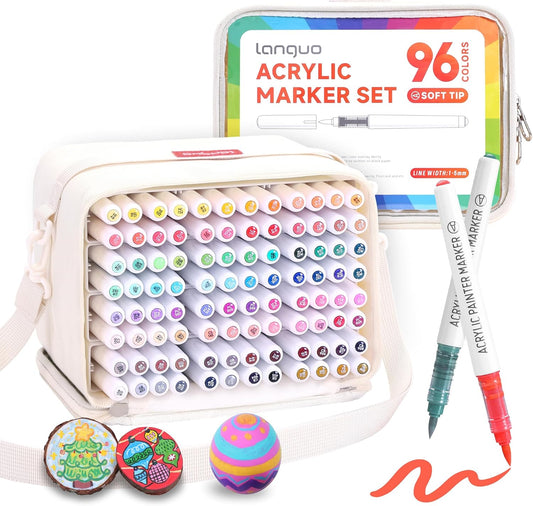 96 Colors Acrylic Paint Markers, Soft Brush Tip Marker Pens Set with Marker Bag, Acrylic Paint Pens for Fabric, Wood, Stone, Canvas, Glass, Egg, Rock Painting, DIY Crafts and Art Supplies