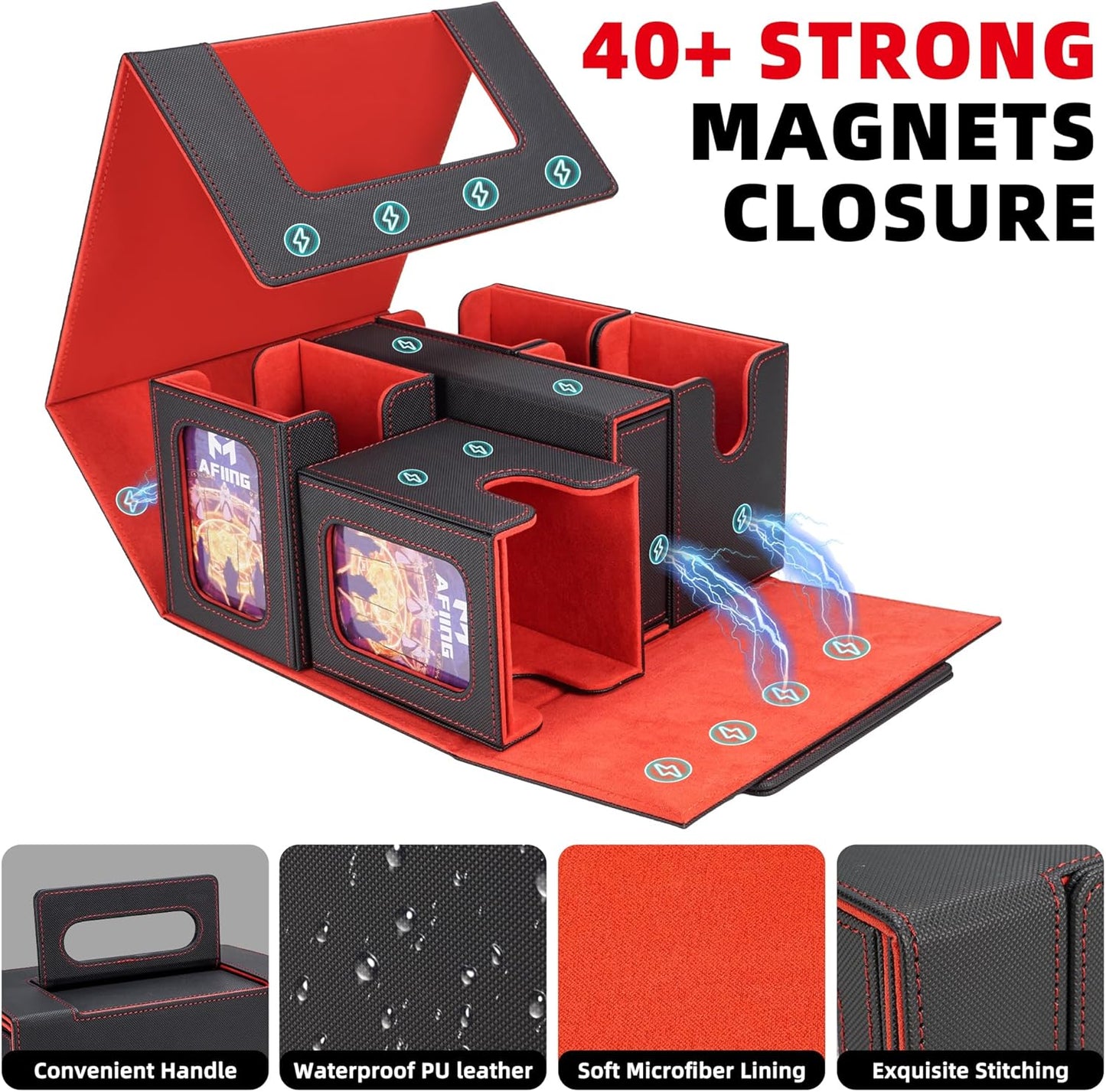 AFIING Commander Deck Box for MTG/EDH, Trading Card Storage Fits 400+ Double-Sleeved Cards, Display Window, 4 Removable Deck Cases, 8 Dividers, Dice Tray & Handle, 4 Toploader Holders (Black Red)