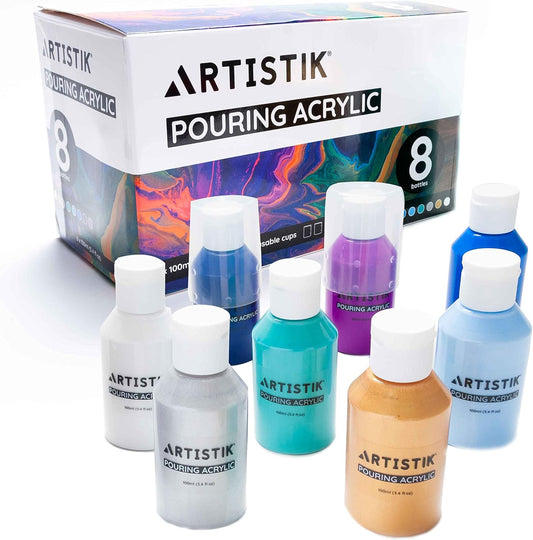 ARTISTIK Acrylic Pouring Paints - 8 x 100ml Paint Colour Set with 2 Mixing Cups - Paint Bottles for Art Supplies, Canvas, Glass, Paper, Wood, Stone, Tile