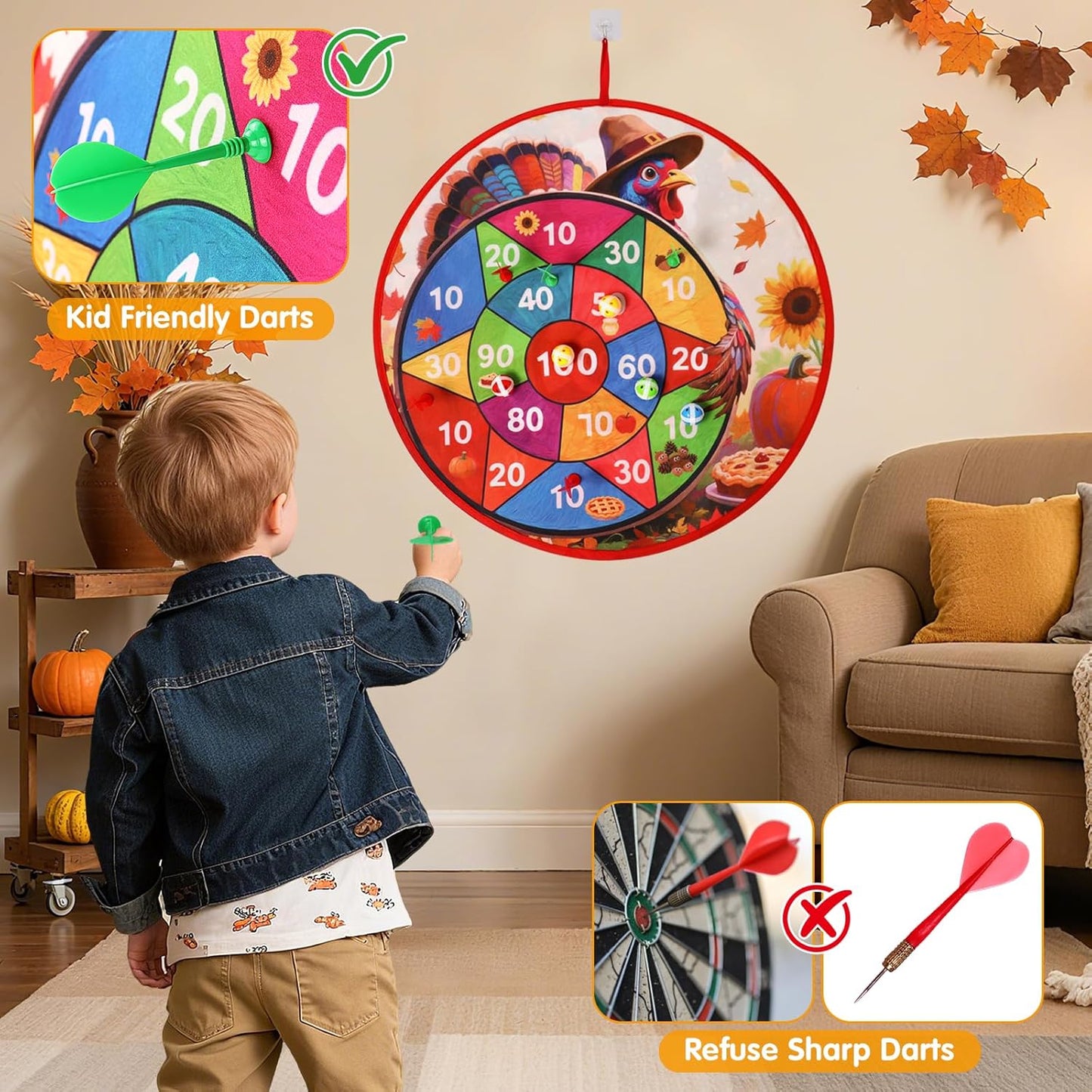 Thanksgiving Games: 29" Turkey Dart Board with PE Sticky Balls for Kids | Double-Sided Christmas Santa Toss Games for Family Party | Indoor & Outdoor Darts Set, 8 Polyethylene Balls & Darts
