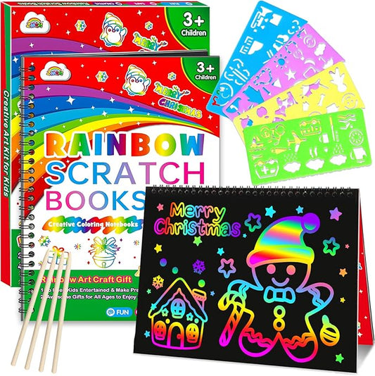 ZMLM Scratch Paper Art Craft: 2 Pack Rainbow Scratch Set for 3 4 5 6 7 8 9 10 Years Old Girls Boys Students Drawing Coloring Black Magic Art Supplies Kits Gifts School Birthday Party Toys(Christmas)
