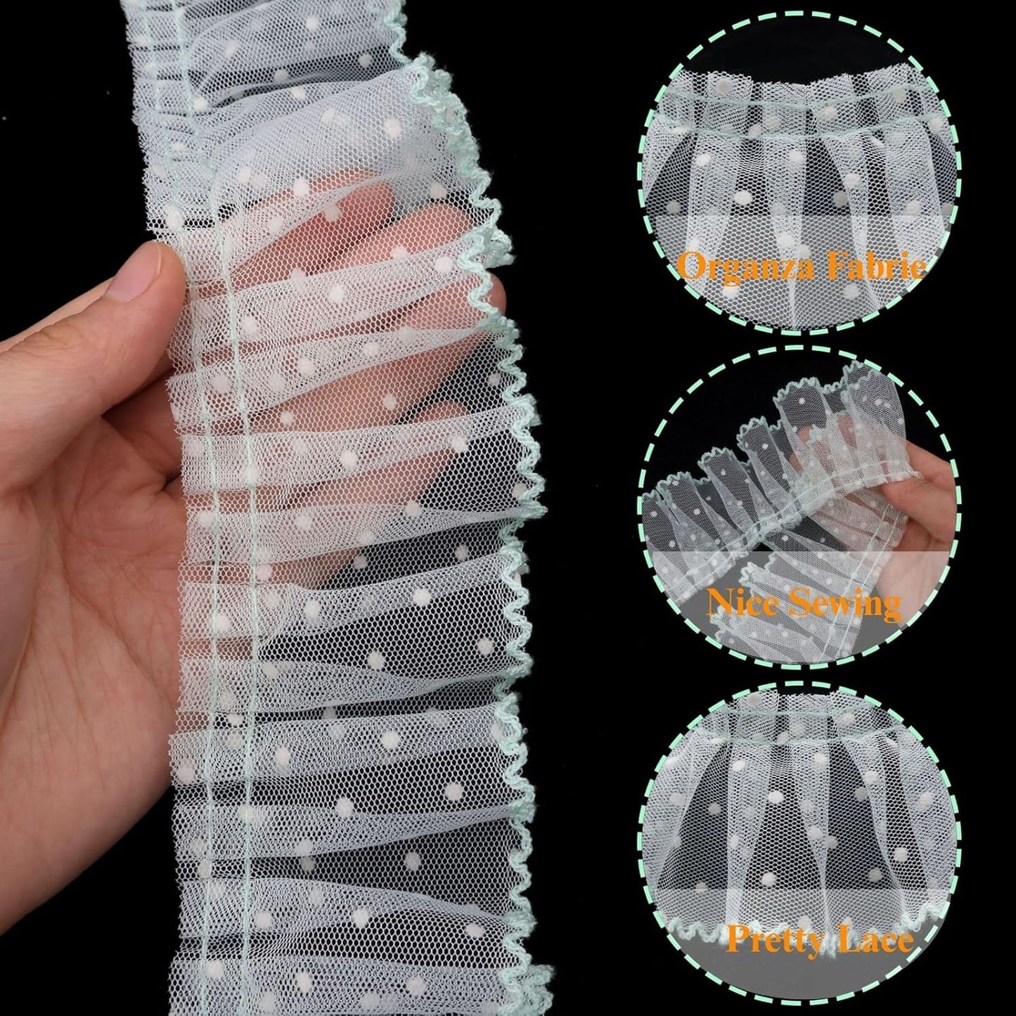 Dots Lace Ruffle Trim for Sew, Crafts 2.4" x5yd Single Layer Pleated Edge Lace Ribbon (Light Green)