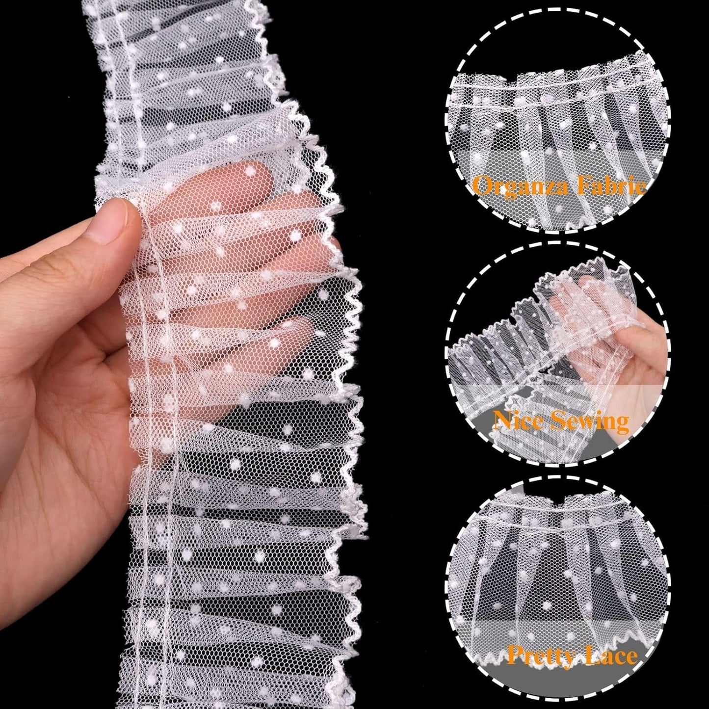 Dots Lace Ruffle Trim for Sew, Crafts 2.4" x5yd Single Layer Pleated Edge Lace Ribbon (White)