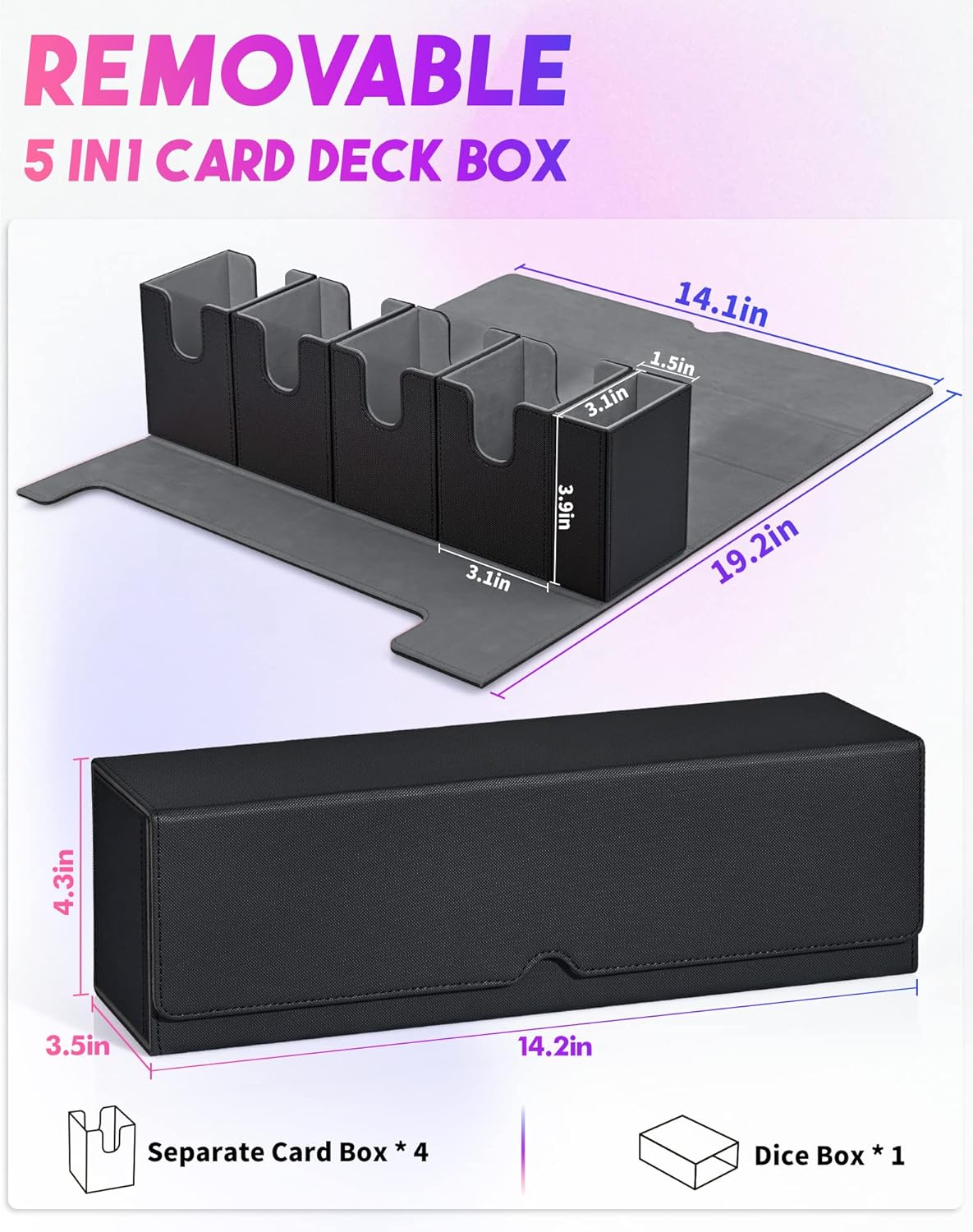 Card Deck Box with Dice Tray for MTG, 5 in 1 Card Deck Case Holds 800+ Unsleeved Cards, Strong Magnet Organizer Compatible with Yugioh TCG Sports Cards (Black)