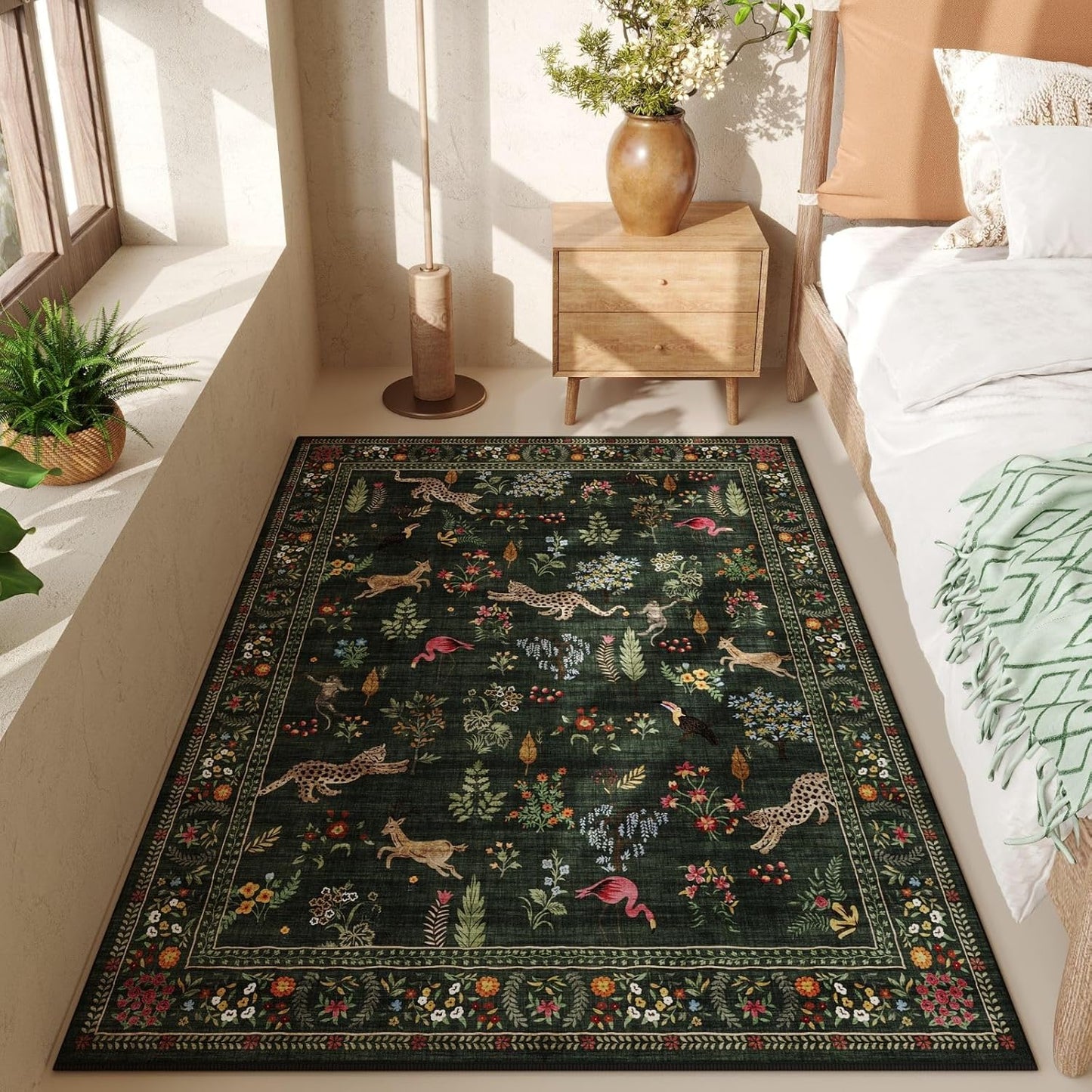 Rugcomf Area Rug 4x6 Rug Washable Boho Rugs Non Slip Low Pile Floral Animal Small Carpet for Bedroom, Bedside, Kids Room, Office, Dining Room (Green)