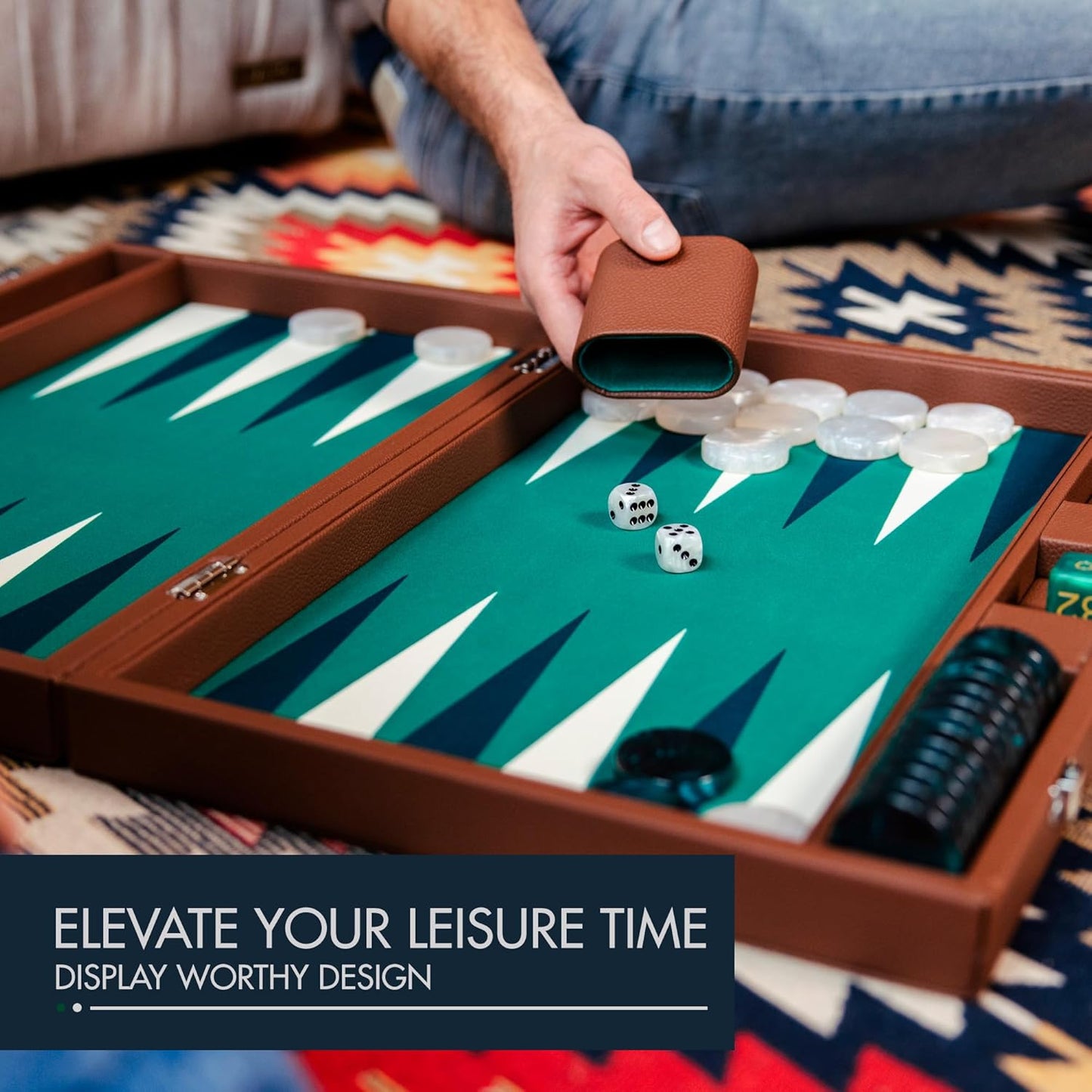 19 Inch Premium Backgammon Sets for Adults Leather Brown - Green. Premium 1.6 Inch Checkers & Dice Set, Travel Backgammon Set, Large, Backgammon Board Game, Backgammon Game Set