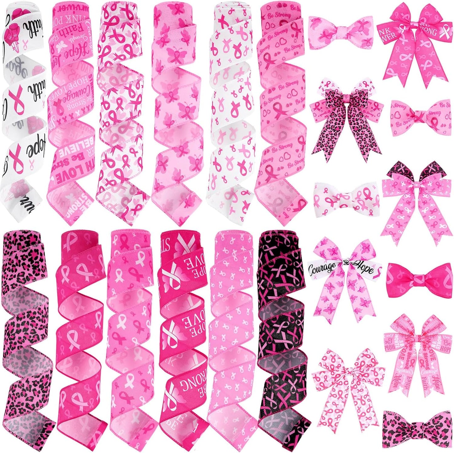 12 Rolls 60 Yards Breast Cancer Awareness Wired Edge Ribbon Pink Butterfly Patterned Ribbon Faith Hope Love Bow Making Craft Wrapping for Women Gift Wrapping Activities Home Accessories Decor
