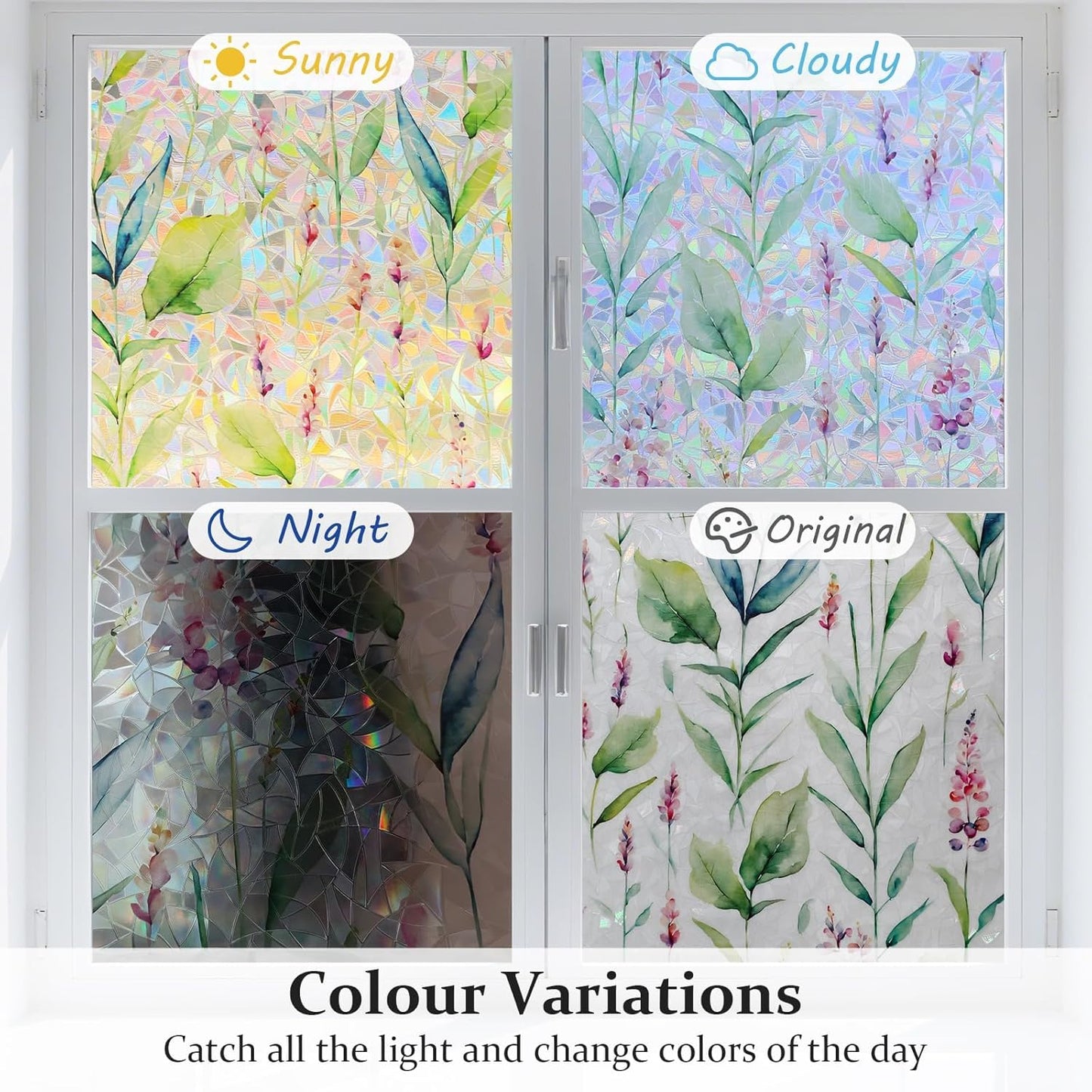 Donox Decorative Window Privacy Film, 3D Floral Stained Glass Window Film Static Cling Rainbow Privacy Sticker for Glass Door Heat Control Anti UV, No Adhesive (Gladiolus,23.6 x 157.4 inches)