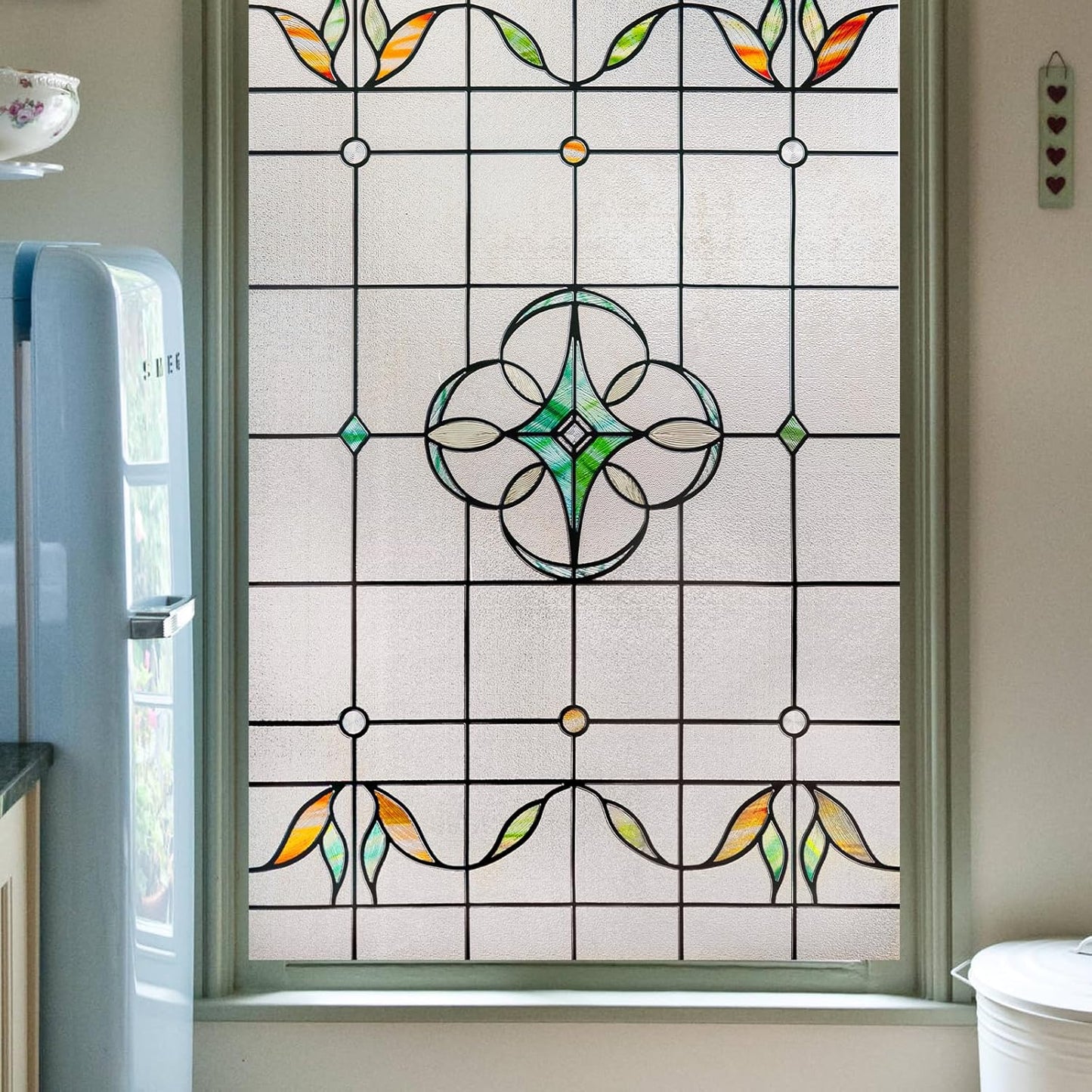 3D Stained Glass Window Privacy Film, Heat Control UV Blocking Static Cling Decorative Window Film for Bathroom,Front Door,Home Non Adhesive,23.6 x 35.4 inches Verdant Whispers