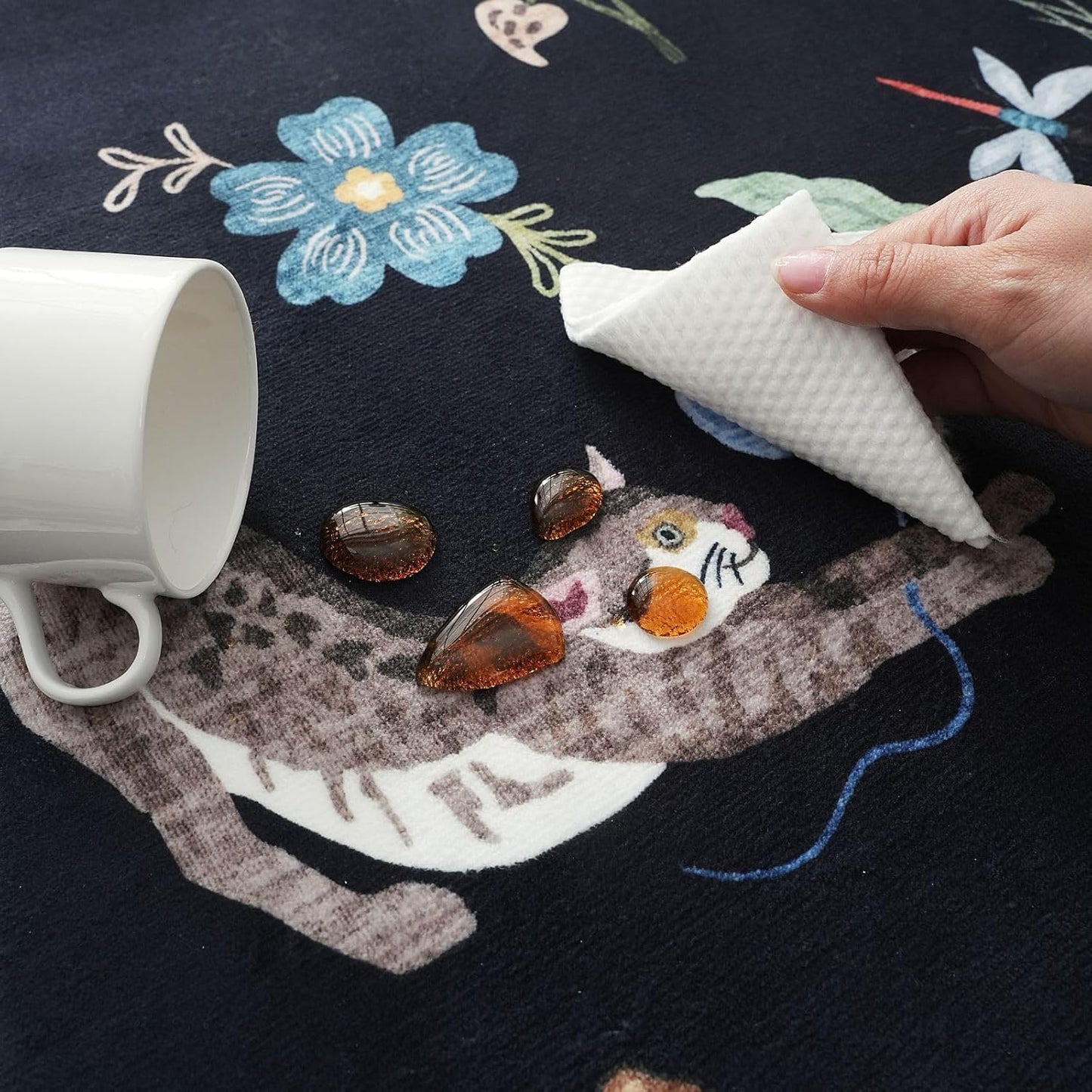 Rugcomf Runner Rug for Kitchen Non Slip 2'x6' Washable Rugs with Rubber Backing Soft Floral Animal Cat Carpet Runner for Kitchen Laundry Bedroom Bathroom, Black