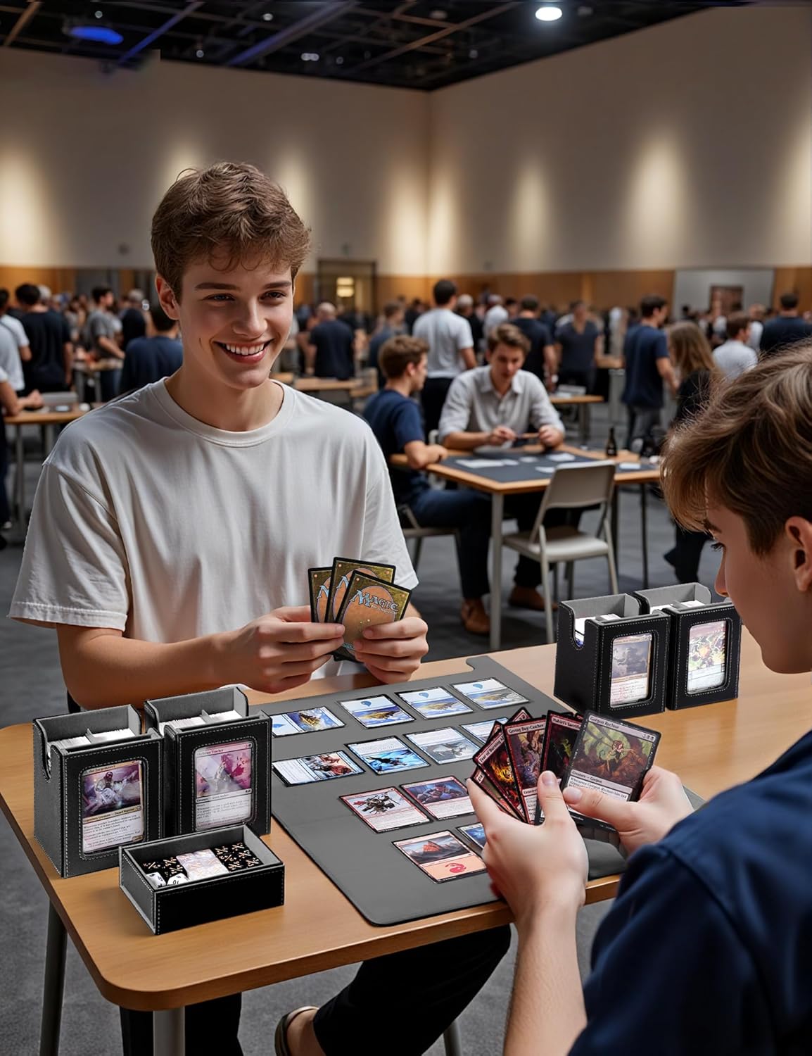 Card Deck Box for MTG with Commander Display, 5 in 1 Card Deck Case Holds 800+ Unsleeved Cards, Strong Magnet Organizer Compatible with Yugioh TCG Sports Cards (Black&Grey)