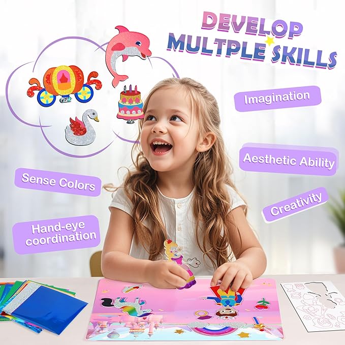 Foil Arts and Crafts for Kids Ages 4-8, No Mess Princess Fun Foil Art Craft Supplies Kits, DIY Creative Activity Coloring Books,Christmas Stocking Stuffers,Gifts for 4 5 6 7 8 9 10 Year Old Girls Boys