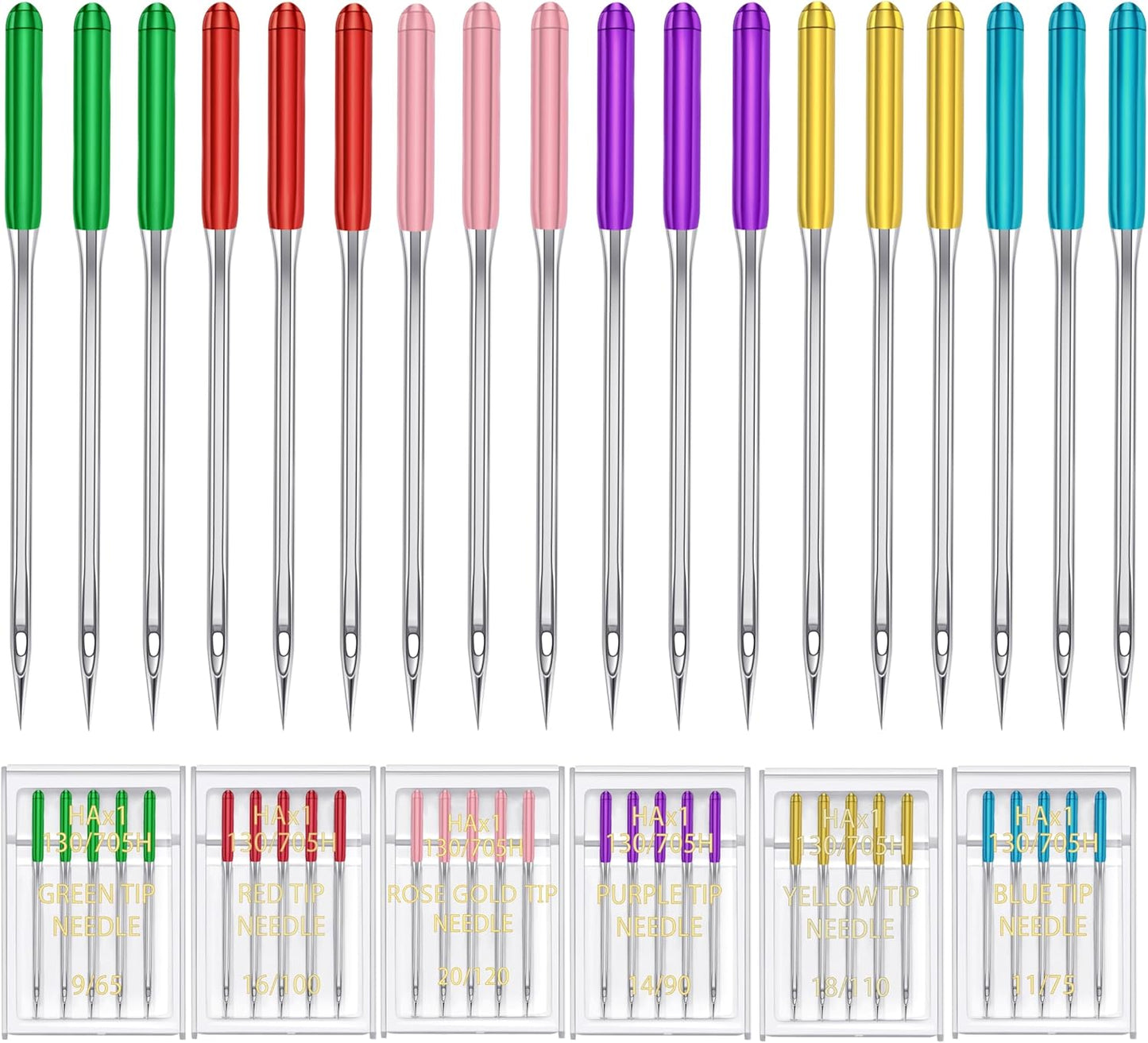 HONEYSEW 30 Pieces Sewing Machine Needles HAX1 130/705H Universal Regular Point Flat Shank Sewing Needle Compatible with Singer, Brother,Janome,Pfaff and Other Brand (Mix Color 6 Sizesx5PCS-30PCS)