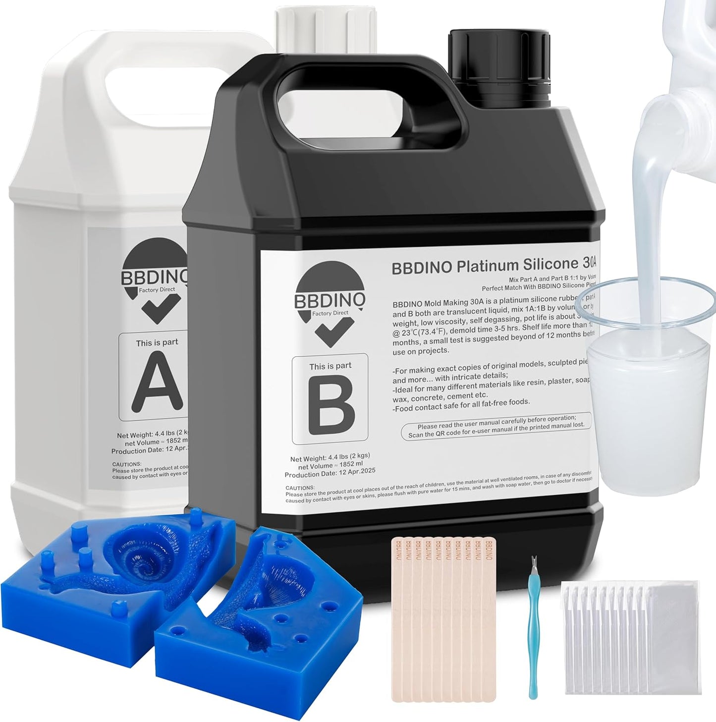 BBDINO Silicone Mold Making Kit, Liquid Silicone for Molds Making 30A Clear, High Strength Silicon Rubber 1 Gallon 8.8 Lbs 1:1 by Volume Ideal for Mold Casting of Resin/Jewelry/Candle/Concrete/Plaster