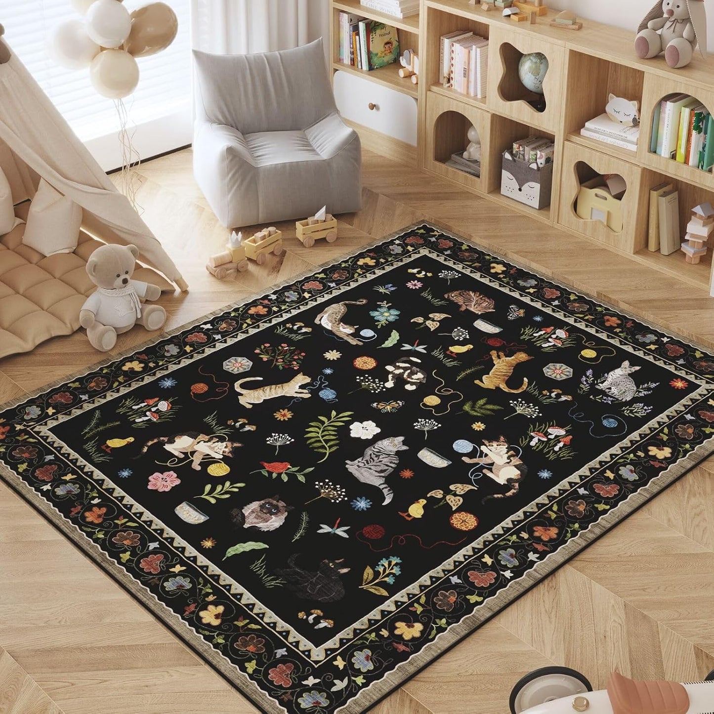 Rugcomf Area Rugs 9x12 Living Room Clearance Washable Boho Rug Non Slip Floral Animal Cat Vintage Low Pile Large Rug for Living Room Bedroom Farmhouse Dining Room Kids Playroom, Black