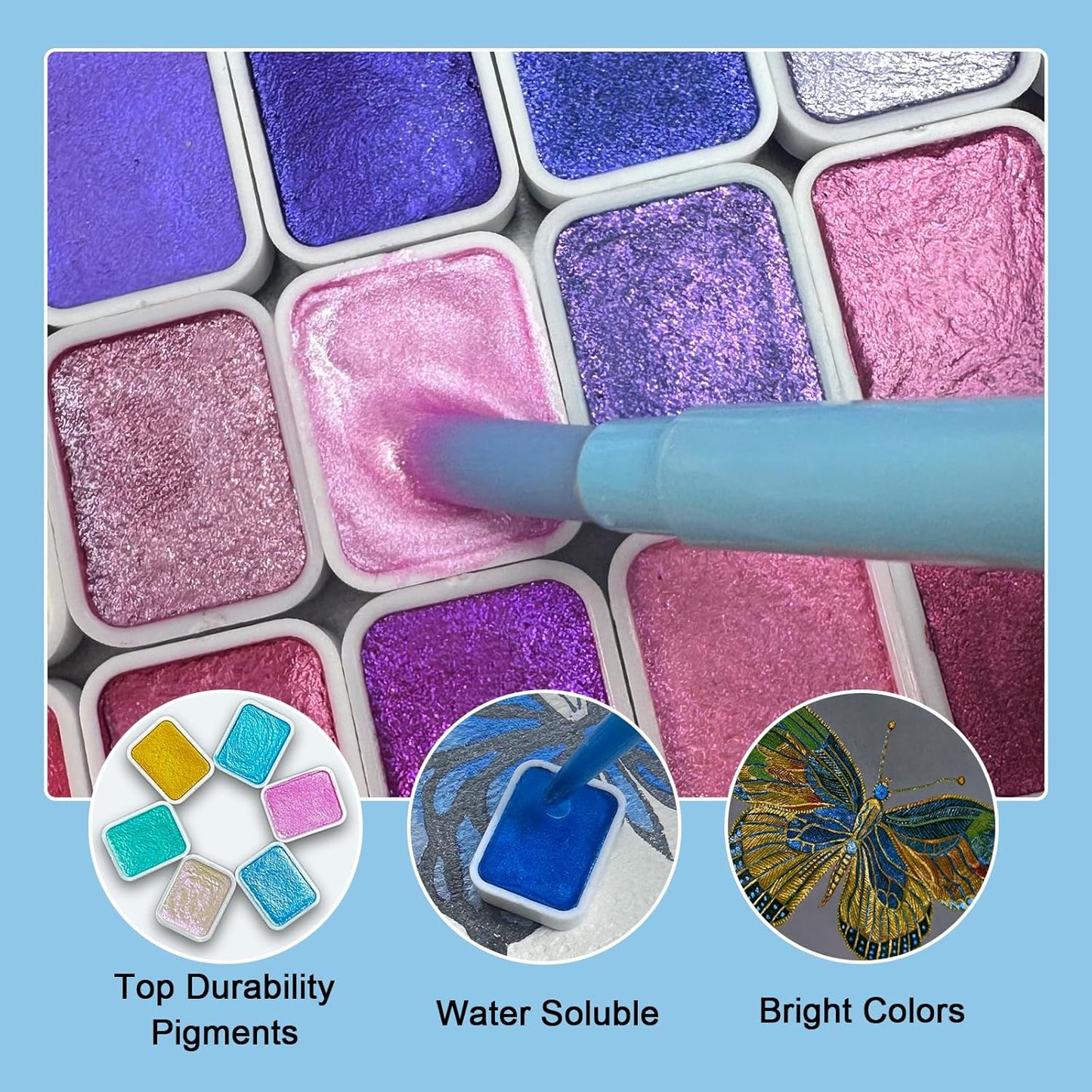 Mini Shifting Watercolor Paint Set, 30 Color Glitter Watercolor Painting Kit, Metallic Watercolor Paints, Solid Water Colors Paint Adult Set, Detail Paint Brush Included, for Artists