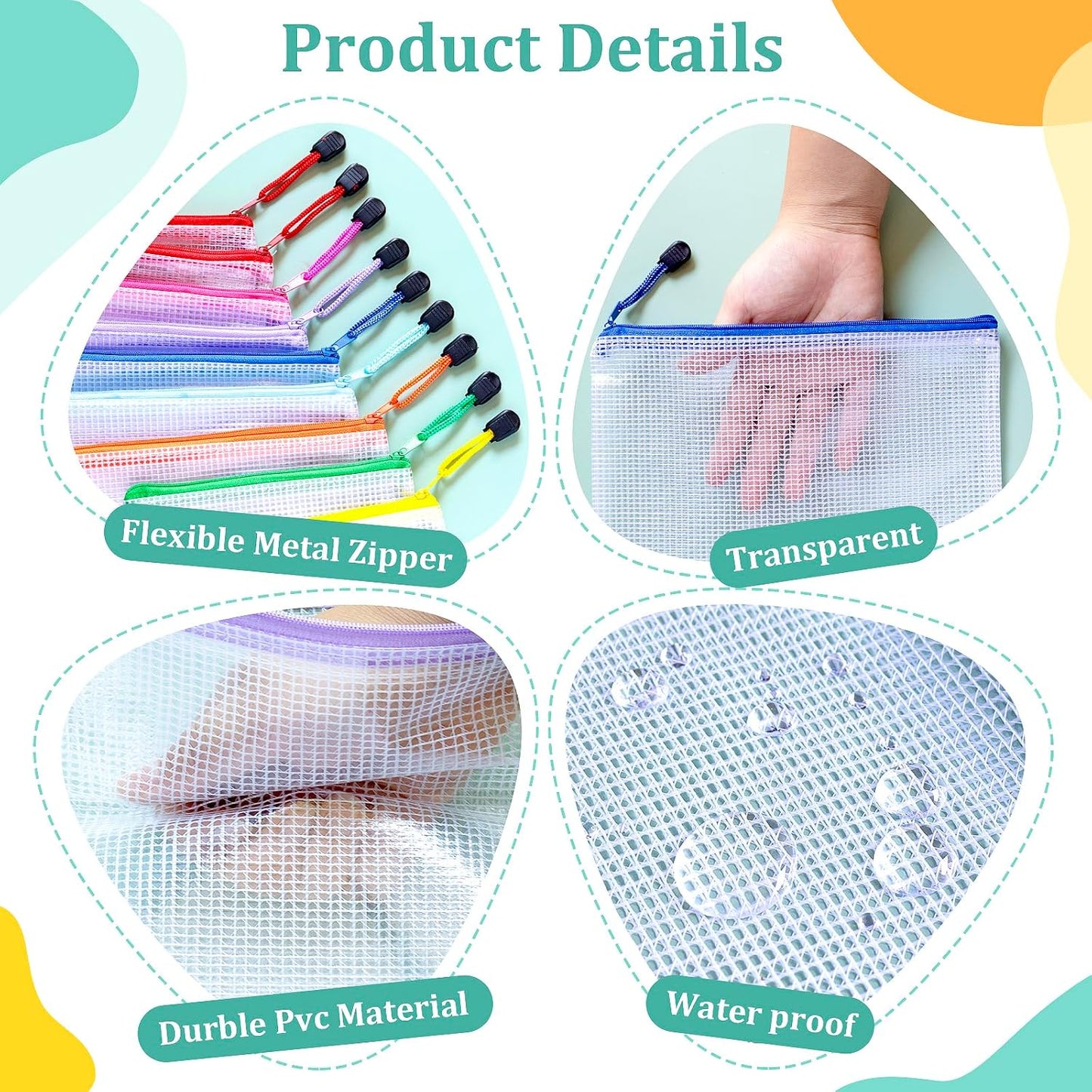 9pcs Mesh Zipper Pouch Bags, B5 Mesh Pouch, Plastic Zipper Pouches, 9 Colors for Organizing, Board Game Storage, Travel, School, Office