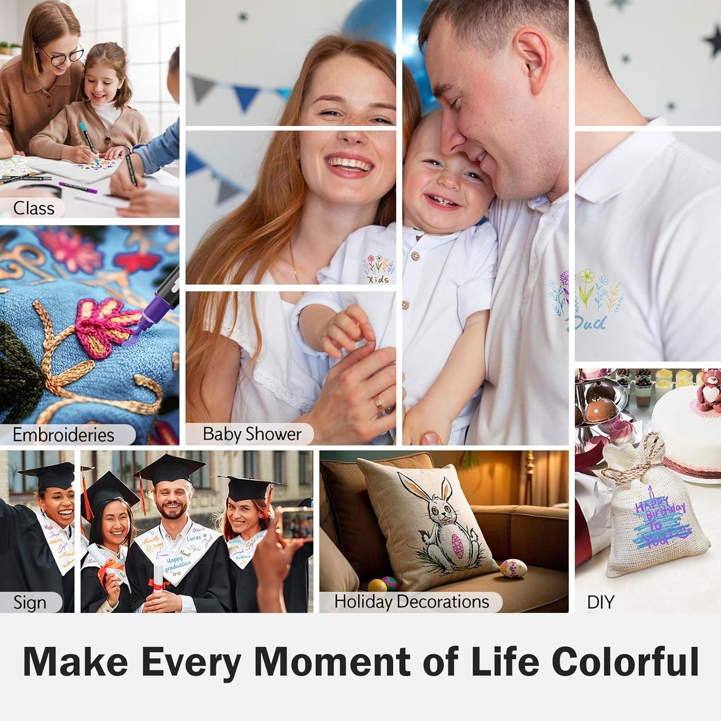 Dual-Tip Fabric Markers Permanent for Clothes No Bleed, Quick Dry & Non-Toxic Fabric Paint Pens Set for Canvas, T-Shirts, Bags, Textile, 5 Pack