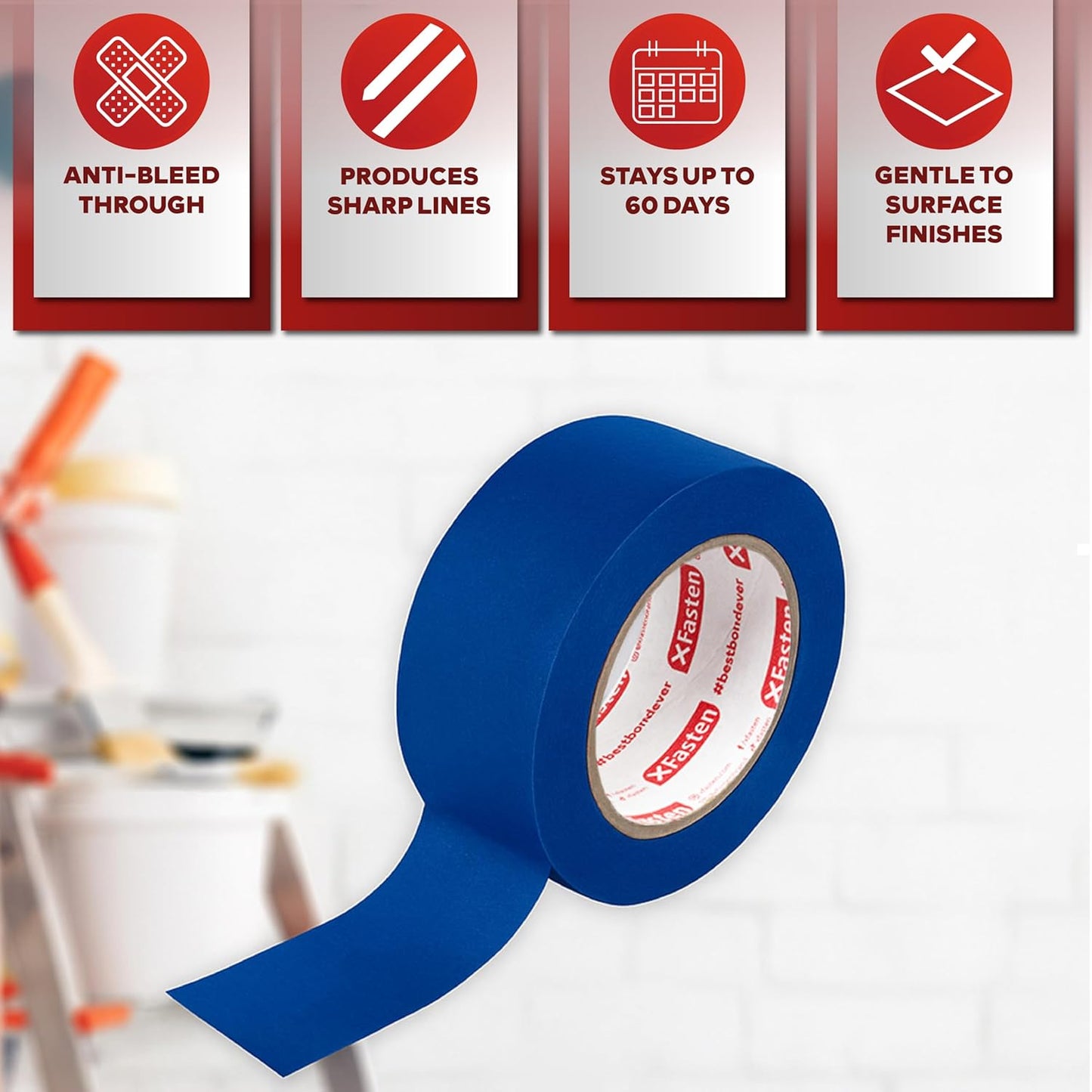 XFasten Blue Painters Tape Bulk, 1.88 Inch x 60 Yards, 1440 Yards Total (24-Pack) Blue Painters Masking Tape Bulk - Sharp Edge Line Technology, Produces Sharp Lines | Residue-Free Wall Trim Tape