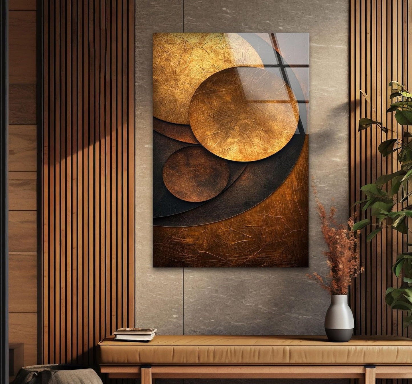 My Photostation.com Round 31,5'' Bronze Art Deco Geometric Motifs Glass Wall Art Tempered Glass Printing Wall Decor Large Wall Art Wall Hangings