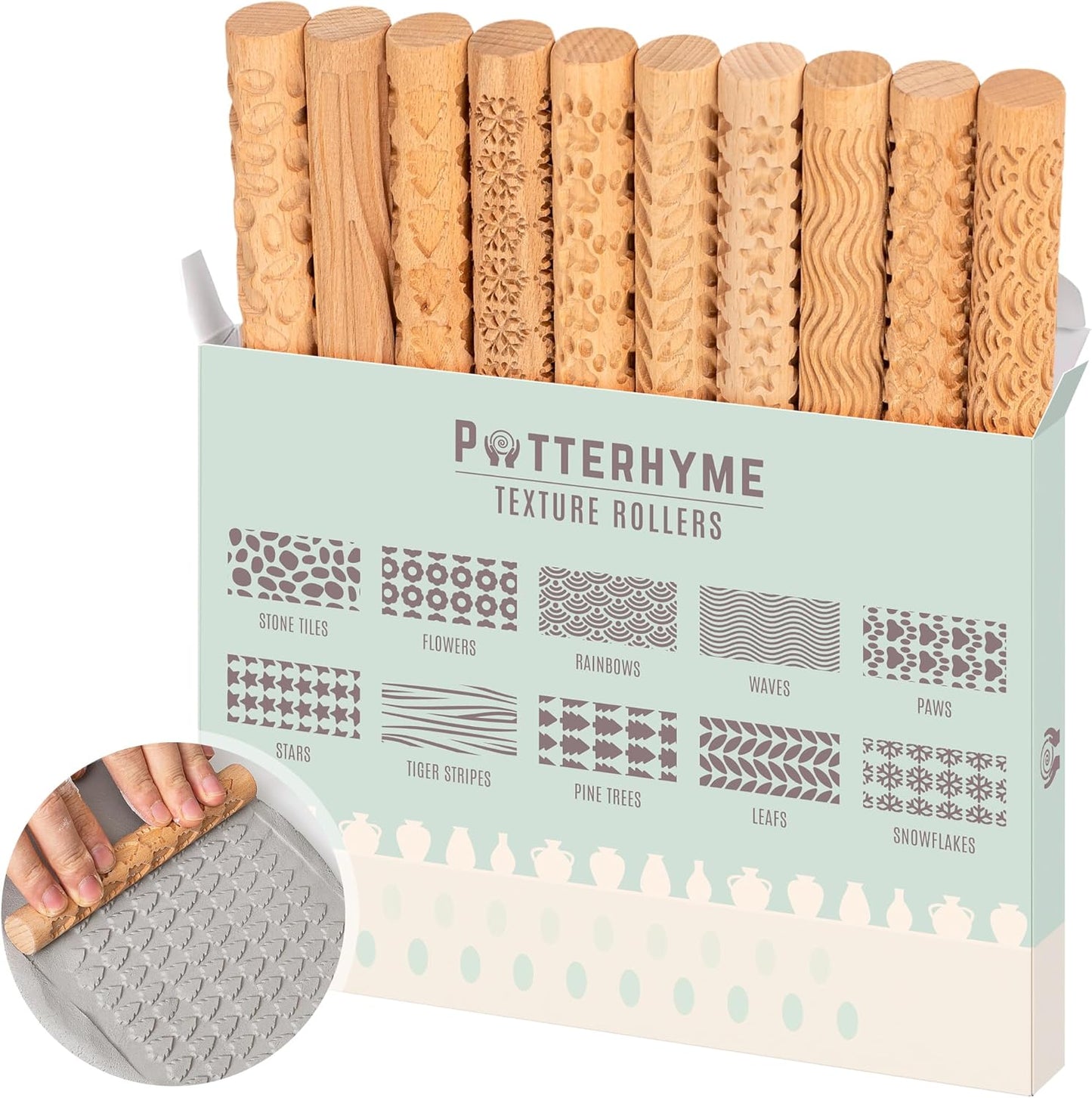 10pcs Wooden Clay Texture Rollers Set for Pottery & Ceramics - Potters Stamp Roller Tools for Ceramic Slabs - Textured Rolling Pins for Modeling, Painting & Glaze Design - 5.9 x 0.8 inch