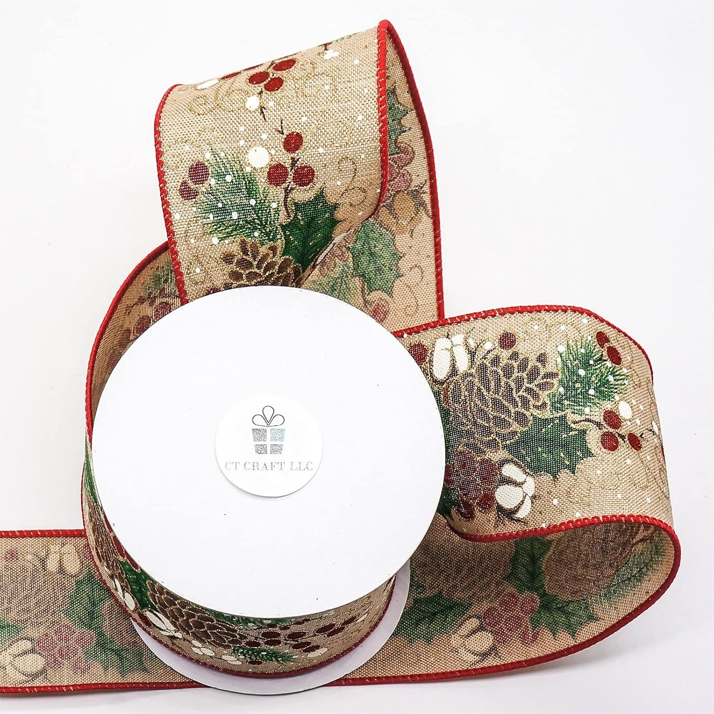 CT CRAFT LLC Tan Faux Jute Burlap with Pinecones Wired Ribbon 2.5 Inch x 10 Yards for Christmas Home Decor Tree Topper Bow Gift Wrapping DIY Crafts Wreath Garland