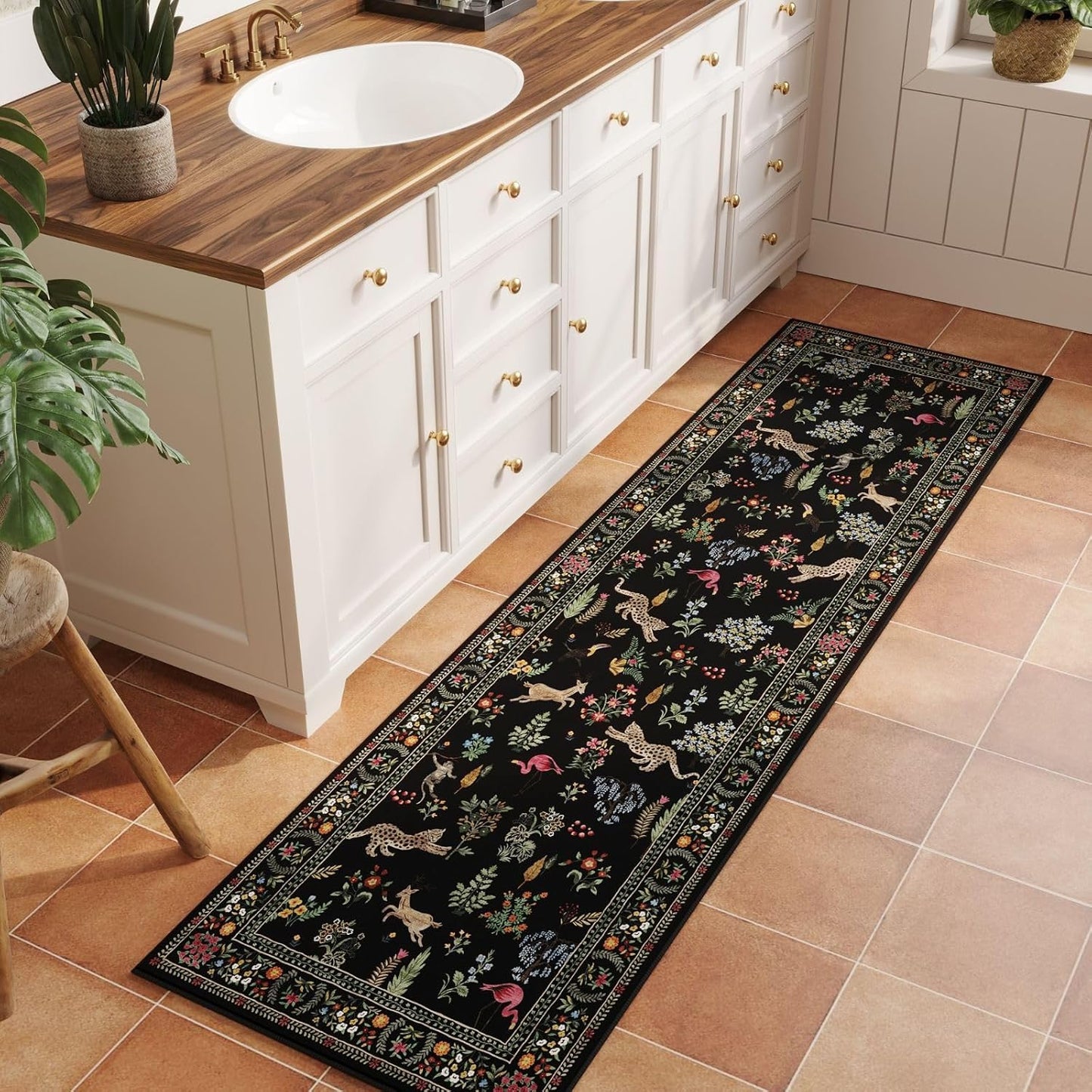 Rugcomf Runner Rug for Kitchen Rug Non Slip 2'6''x8' Washable Rugs with Rubber Backing Soft Floral Animal Carpet Runner for Kitchen, Laundry, Bedroom, Bathroom (Black)