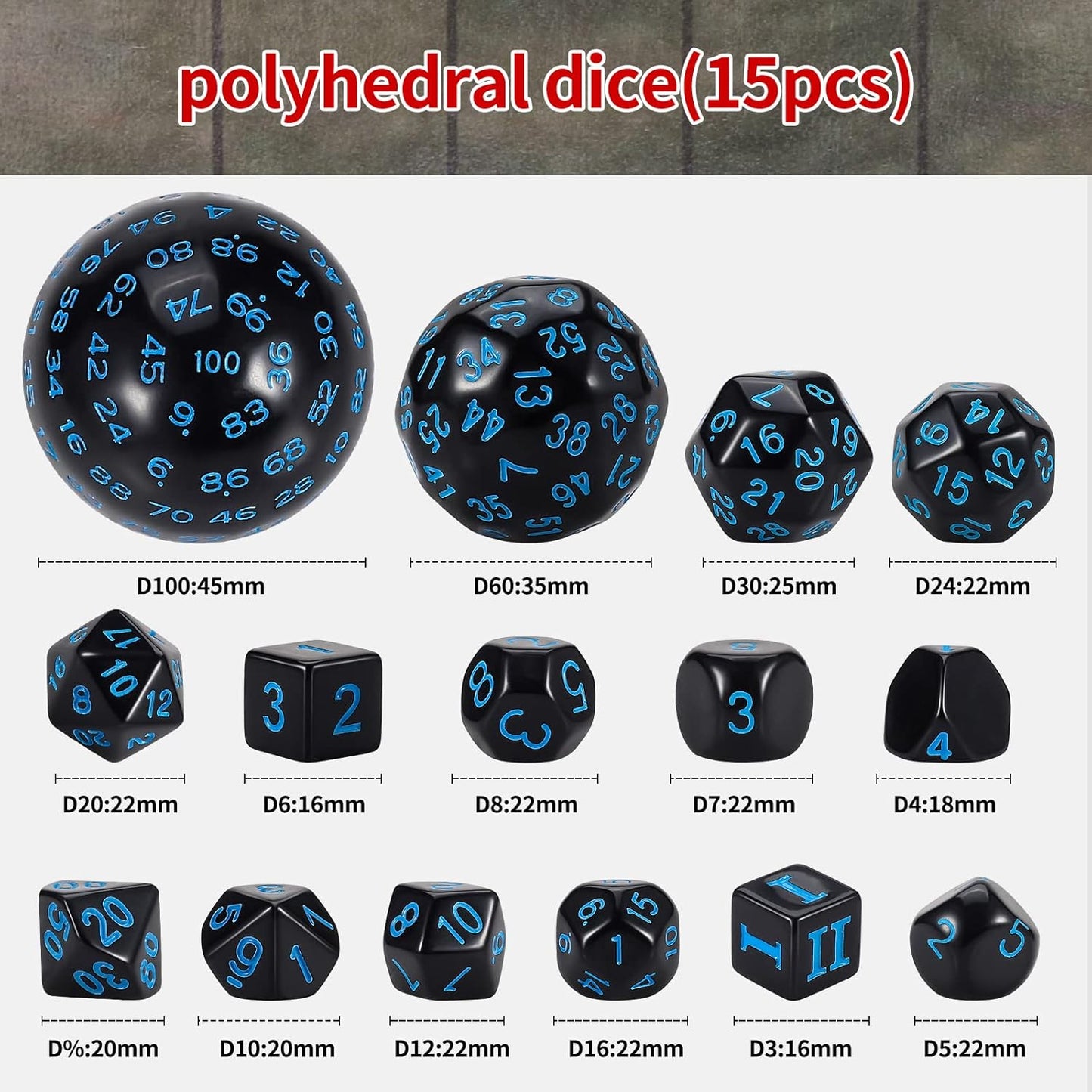 CiaraQ DND Polyhedral Dice Set (15pcs) D4-D100 Game Dice with Dice Bag for Dungeons and Dragons Role Playing Table Games (Black & Blue)