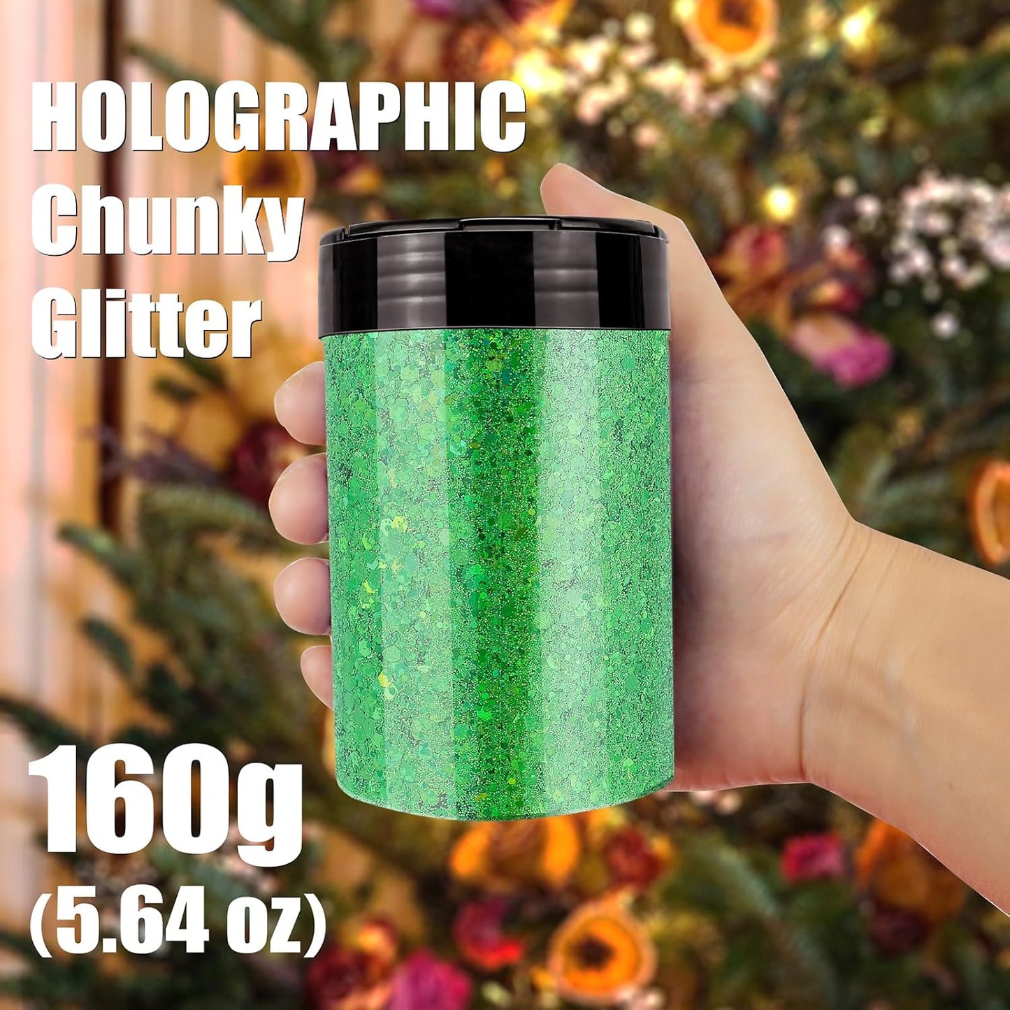 Holographic Chunky Glitter, 5.64oz/160g Craft Glitter Powder Mixed Chunky Flakes, Iridescent Sequins for Nail Art, Hair, Body, Epoxy Resin, Tumblers, Slime, Painting, Festival Decor (Jade Green)