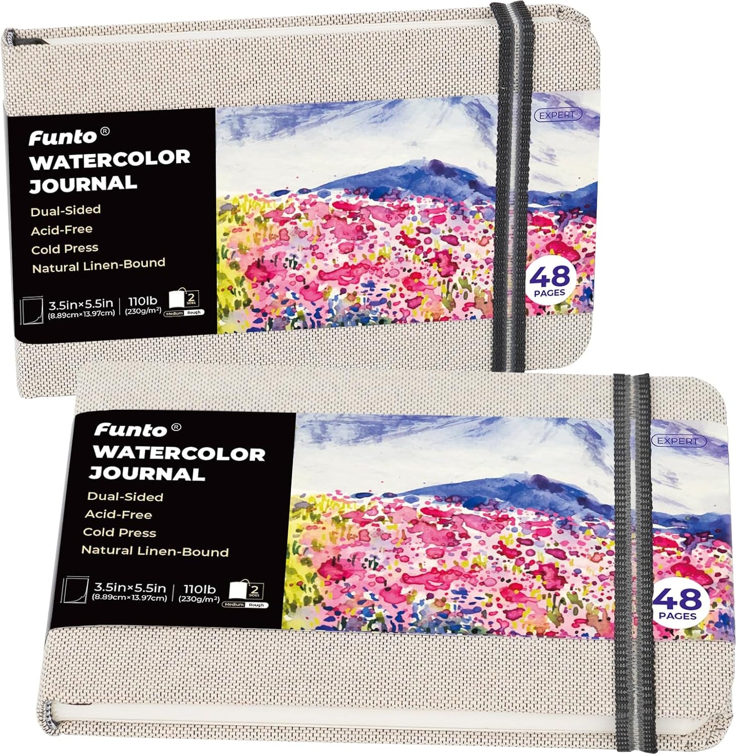 Funto Watercolor Journal, 3.5x5.5, 2 Pack, 24 Sheets Each, Cold-Pressed with Inner Pocket, 110lb/230gsm, Suitable for Techniques and Mixed Media
