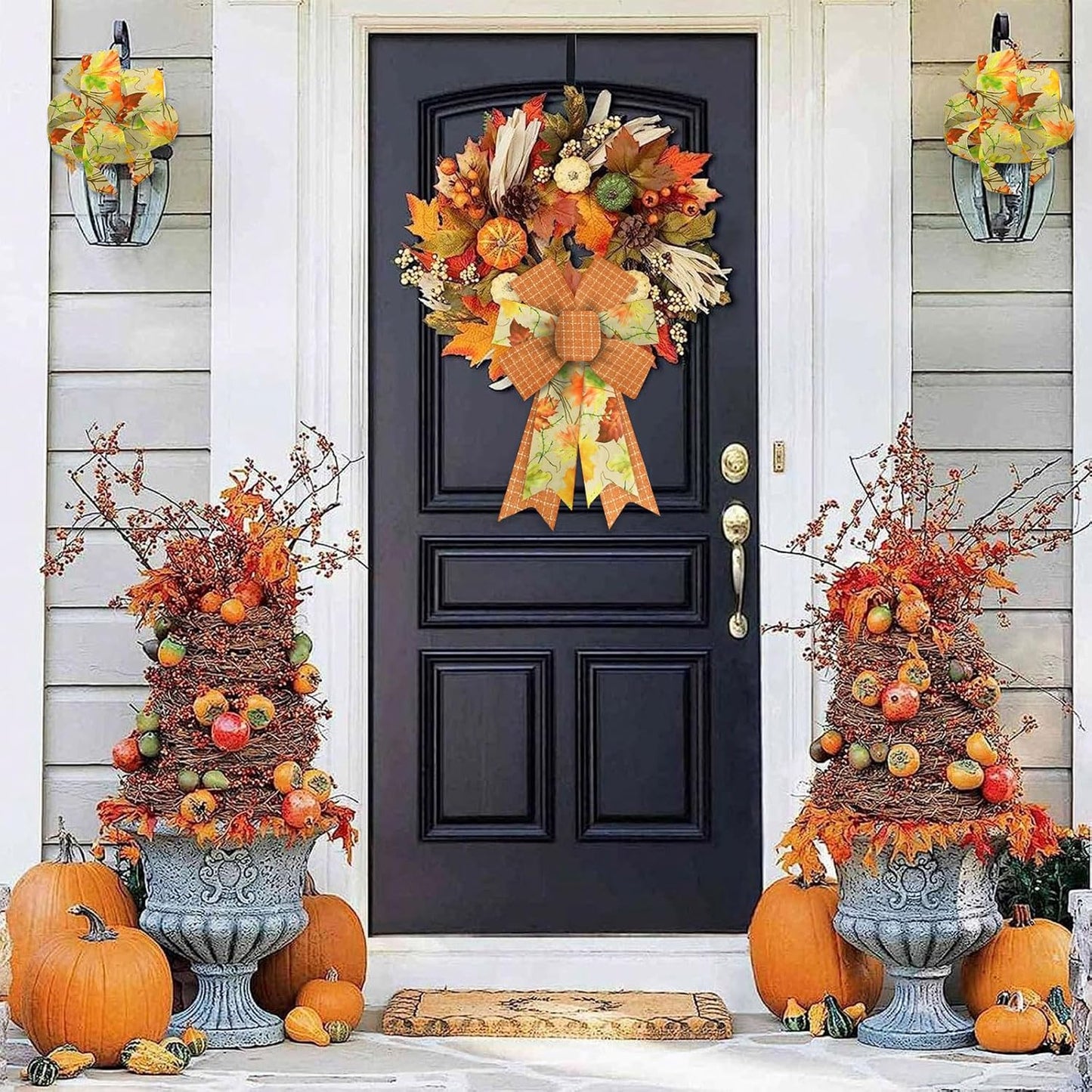 Threetols 2 Rolls 10 Yards Fall Wired Edge Ribbons, 2.5inch Orange Plaid Burlap Ribbon, Autumn Maple Leaves Ribbon for Harvest Thanksgiving Party DIY Craft Fall Wreath Bow Decor