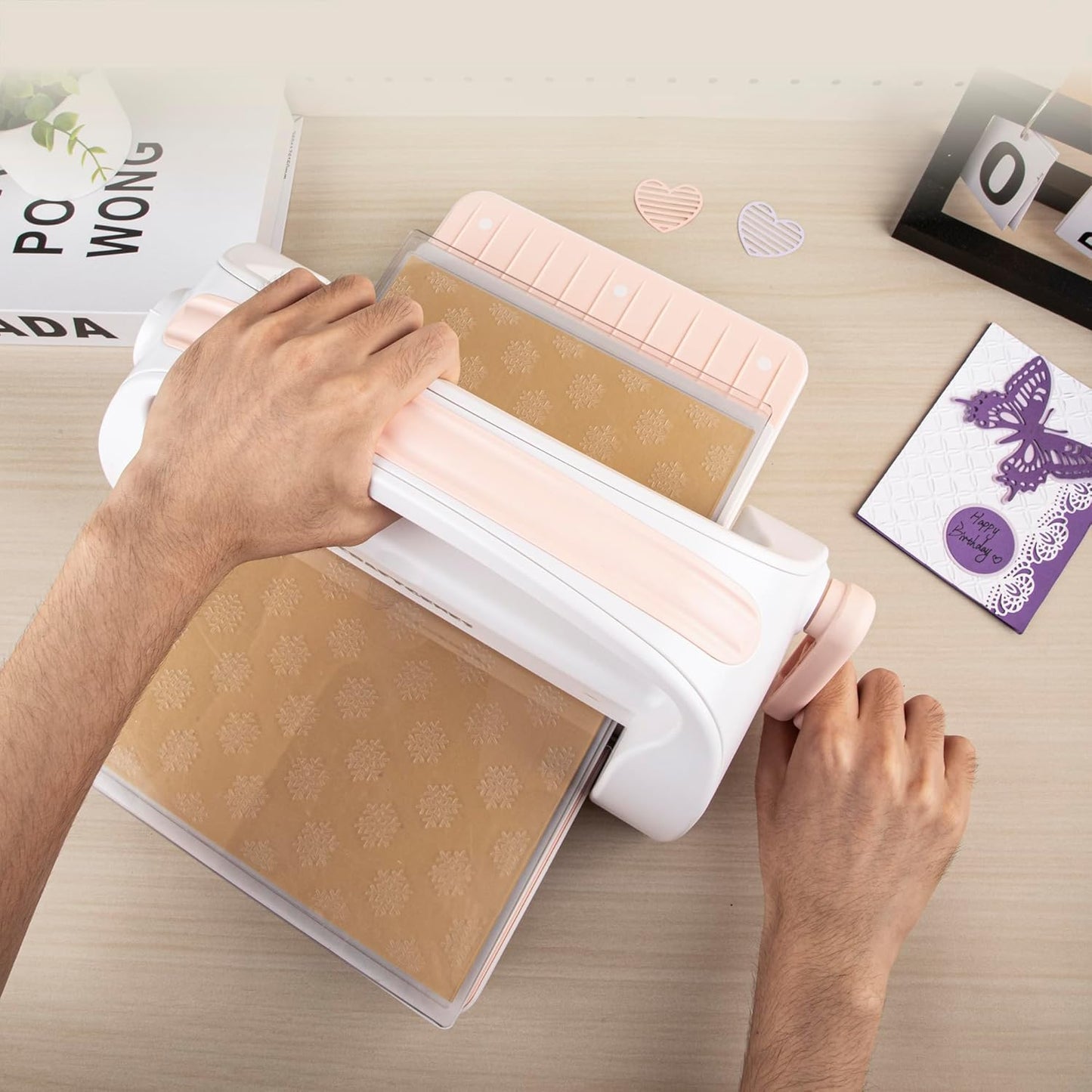 Manual Die Cutting Machine and Embossing Machine, 9'' Opening Size for Cardmaking, Scrapbooking, and DIY Crafts – Foldable Complete Set with A4 Die Cuts, Embossing Folders, and Plates(Pink)