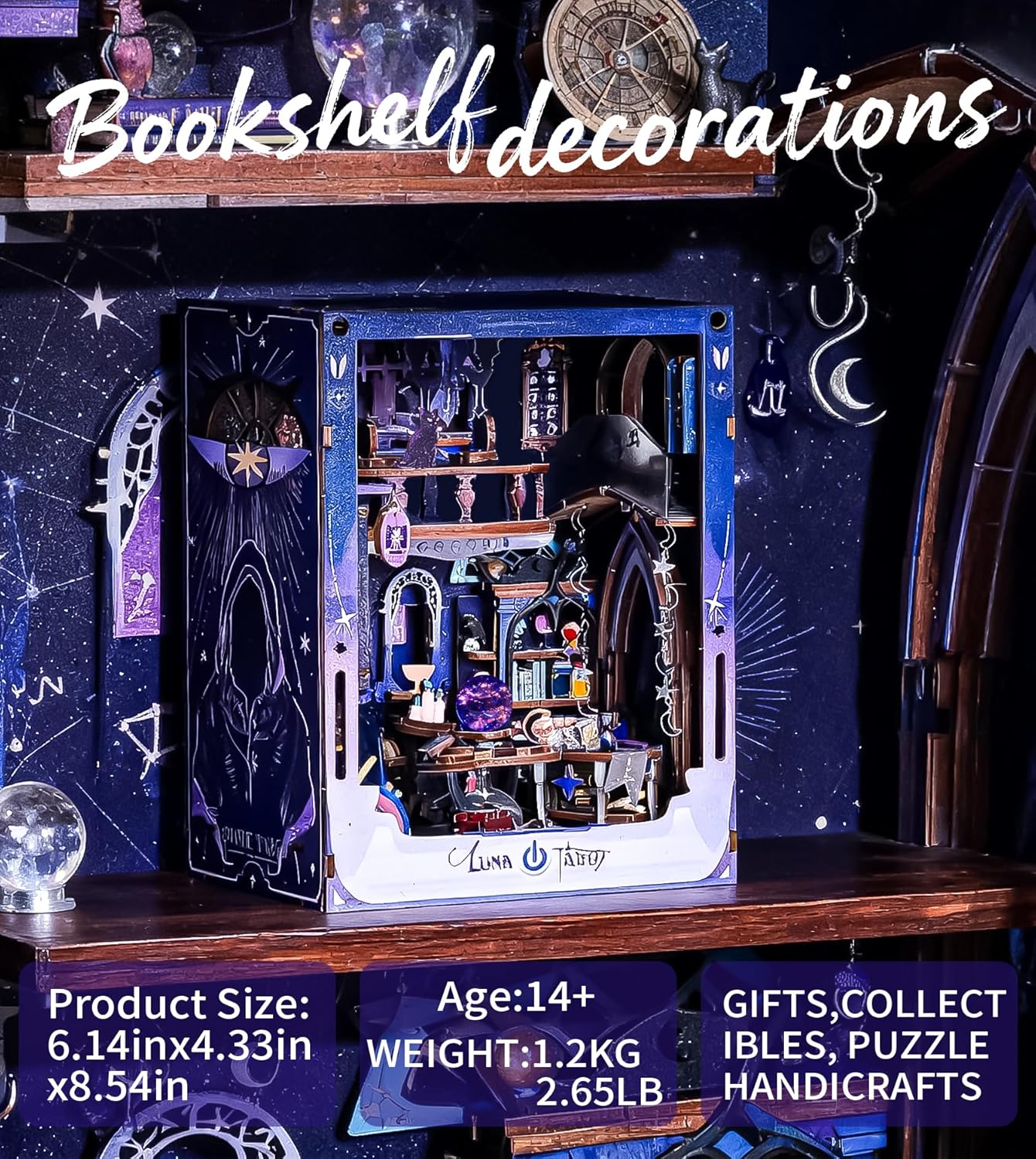 DIY Booknook Kit,3D Wooden Puzzle Miniature Book Nook Kit Insert Decor with LED Light and Dust Cover for Adults and Teens，Gifts for Family, Friends（Luna Tarot）