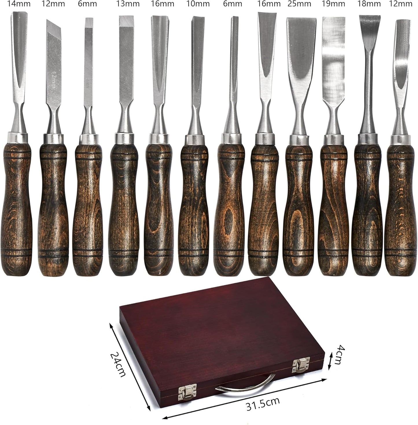 SELFIE CAT 12 Piece Wood Chisel Set for Woodworking Tools Wood Carving Tools with Wooden Case Wood Carving Kit for Beginners and Professionals Black Walnut
