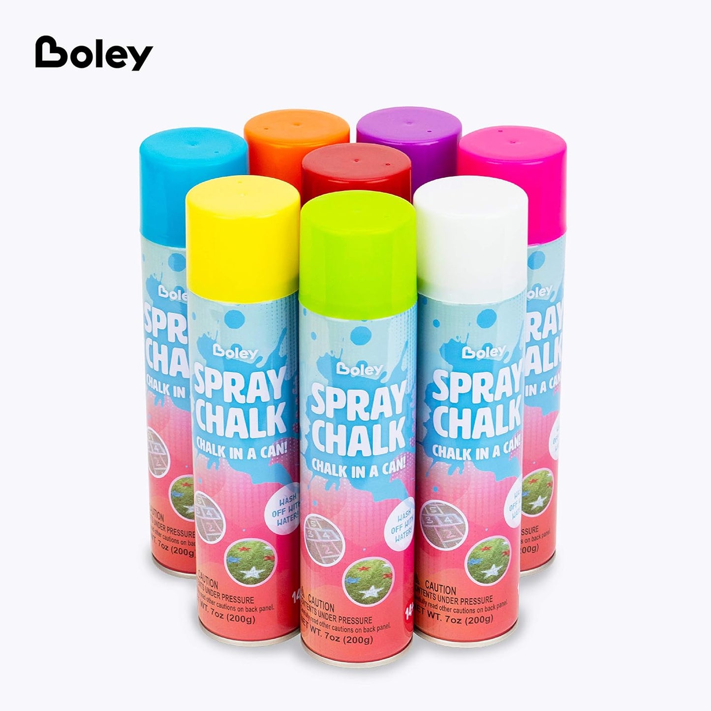 Boley Spray Chalk - 8 Pack Washable Sidewalk Chalk Spray Paint, 7 oz Each, Safe & Non-Toxic, Vibrant Colors for Outdoor Fun, Chalk for Asphalt, Grass, Snow, Sand, Concrete - Ages 14+