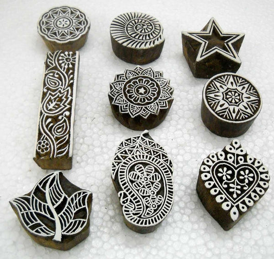 Pack of Nine Exotic Wooden Block Stamps/ Tattoo/ Indian Textile Printing Blocks